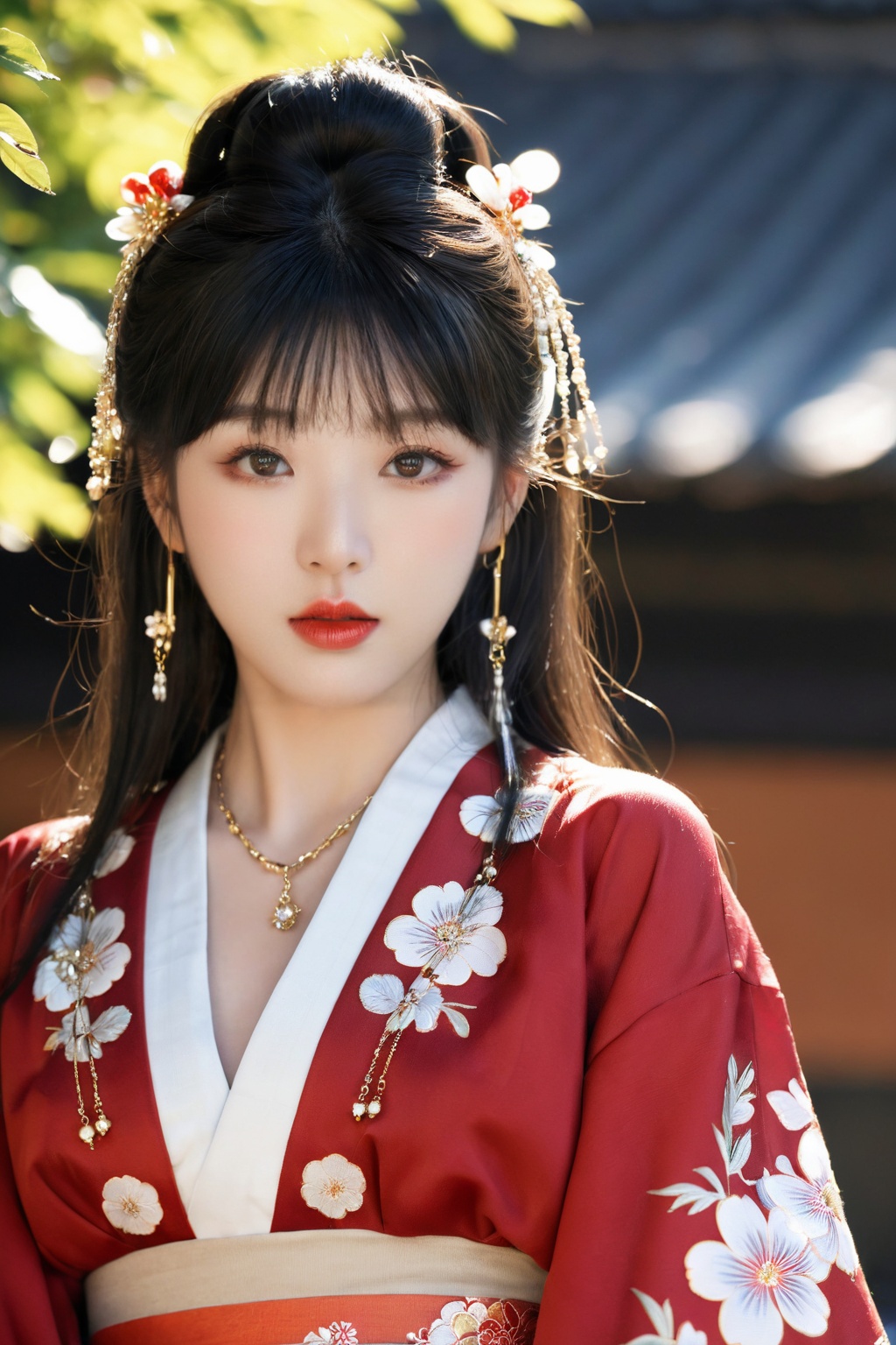 best quality,masterpiece,realistic,oriental women,cute girl,(Masterpieces,highest quality,8k,realistic hyper - detail,absurdres,),1girl,solo,black hair,long hair,jewelry,bangs,looking at viewer,blunt bangs,grey eyes,branch,bracelet,upper body,ring,flower,lips,straight hair,hand up,closed mouth,black background,red lips,japanese clothes,beads,long sleeves,