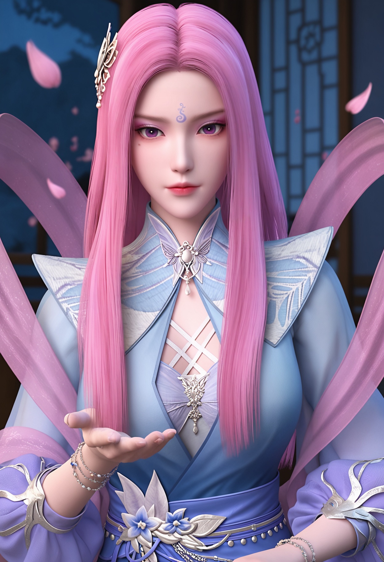 (upper_body:1.2),looking at viewer:1.1,masterpiece,(best quality),smog,Dark room,dim lighting,peach blossom,falling petals,<lora:YQ_Illustrious光辉v5_玄月_V1:0.8>,q1528437228,1girl,long hair,pink hair,solo,forehead mark,dress,hair ornament,blue dress,jewelry,sash,purple eyes,bracelet,pink eyes,shawl,long sleeves,hagoromo,