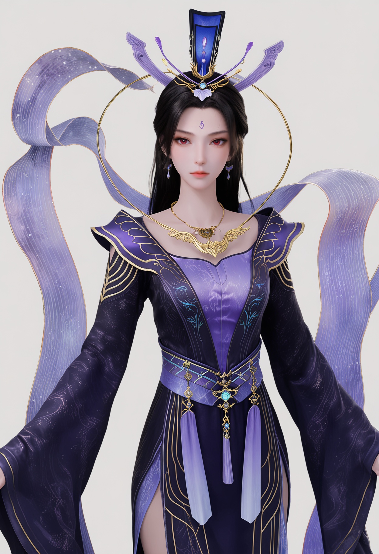 score_9,high detail,best quality,shiny skin,shiny,zixia,1girl,solo,red eyes,black hair,long hair,white background,dress,jewelry,simple background,hair ornament,necklace,closed mouth,earrings,forehead mark,long sleeves,expressionless,sash,hagoromo,purple dress,chinese clothes,shawl,looking at viewer,thighs,<lora:QQSponyzixiaV1:0.8>,<lora:Pony_DetailV2.0:0.8>,<lora:皮肤凹痕:0.1>,