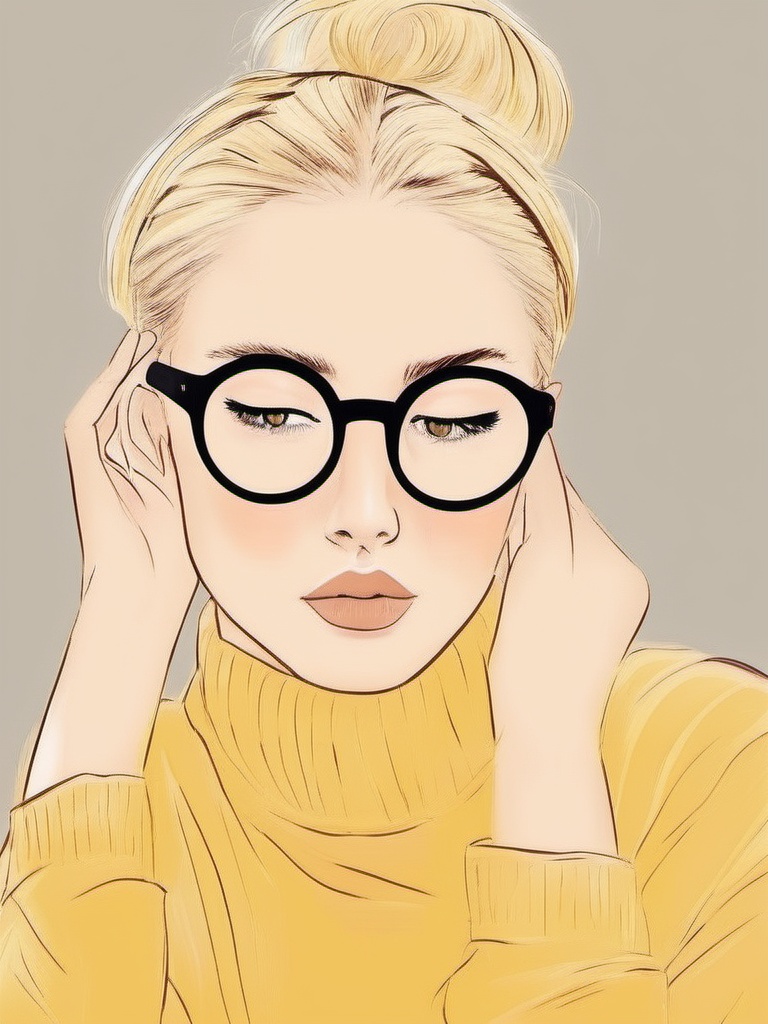 1NK ,  ,  The image an illustration of a young woman with blonde hair tied up in a messy bun. She is wearing a yellow swea...