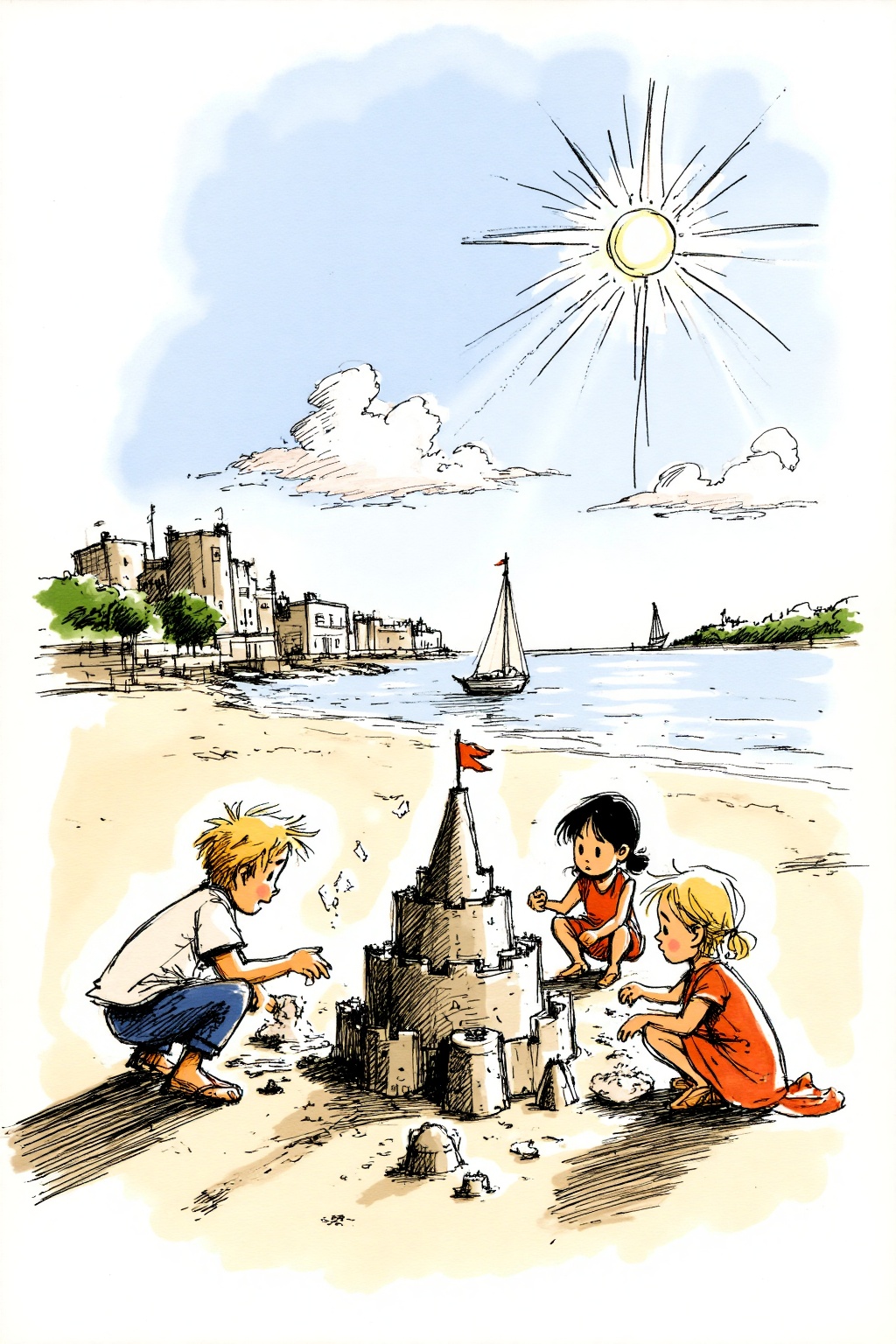 beijihui,A medium-sized sketch of two children, a boy and a girl, playing with a sand castle. The boy is on the left side of the image, looking at the sand castle, while the girl on the right side is sitting on the sand. The girl has blonde hair, and the girl has black hair. The sand castle is in the foreground, and there is a sailboat in the background. The sailboat is sailing on a body of water. The sun is shining in the upper right corner of the frame. The sky is a light blue, with a few white clouds.