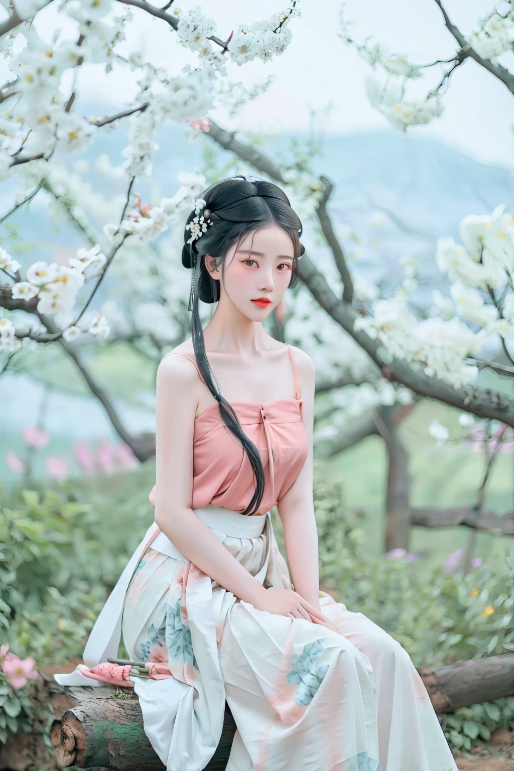 wfot-white-flowers-on-tree,1girl,whpls-white-hanfu-pleated-long-skirt,wh-white-hanfu,pb-pink-bellyband,solo,long hair,black hair,hair ornament,bare shoulders,sitting,flower,hair flower,hair bun,tree,branch,photo background,blurry,single hair bun,<lora:taqing:0.8>,
