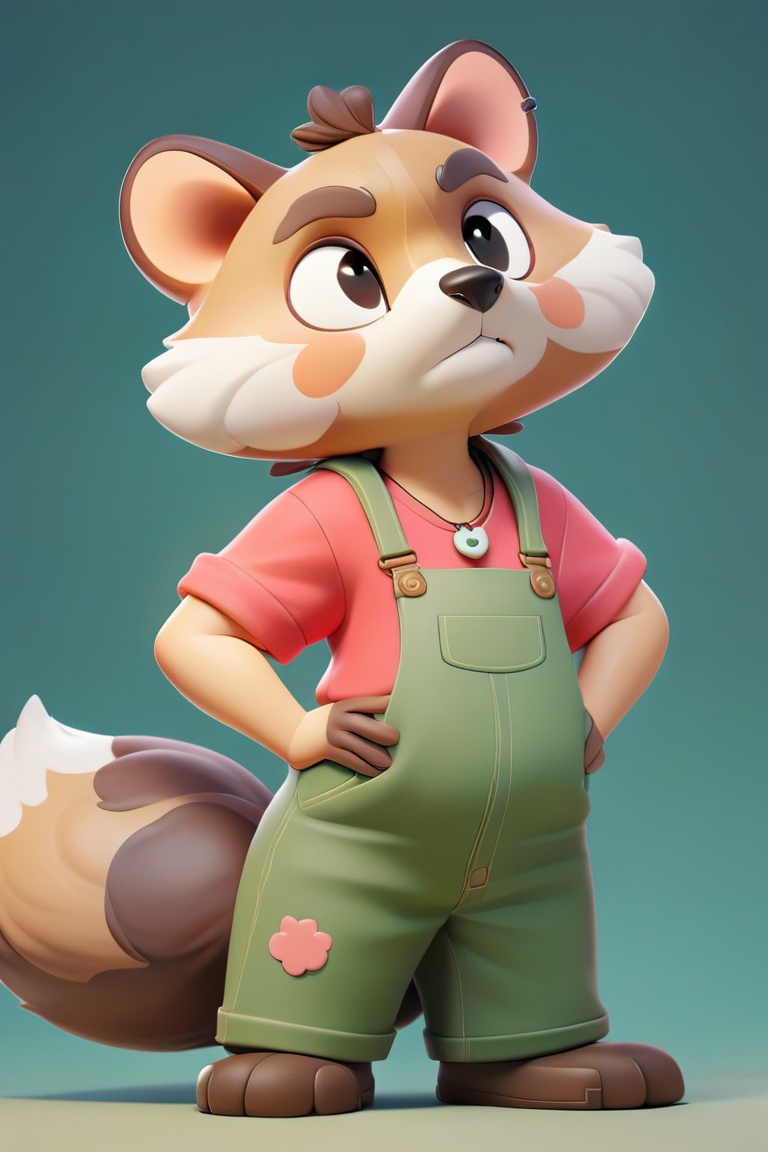 The image showcases a 3D animated character resembling a fox or raccoon. It's dressed in a casual outfit consisting of a pink t-shirt, green overalls, and a pendant with a cute design. The character has a confident expression, with its hands on its hips, and a playful patch on its overall that reads 'Foxy Friends'., solo, overalls, pink shirt, hands on hips, standing, red shirt, shirt, no humans, looking at viewer, full body, tail, black eyes, short sleeves, (masterpiece,best quality:1.2)