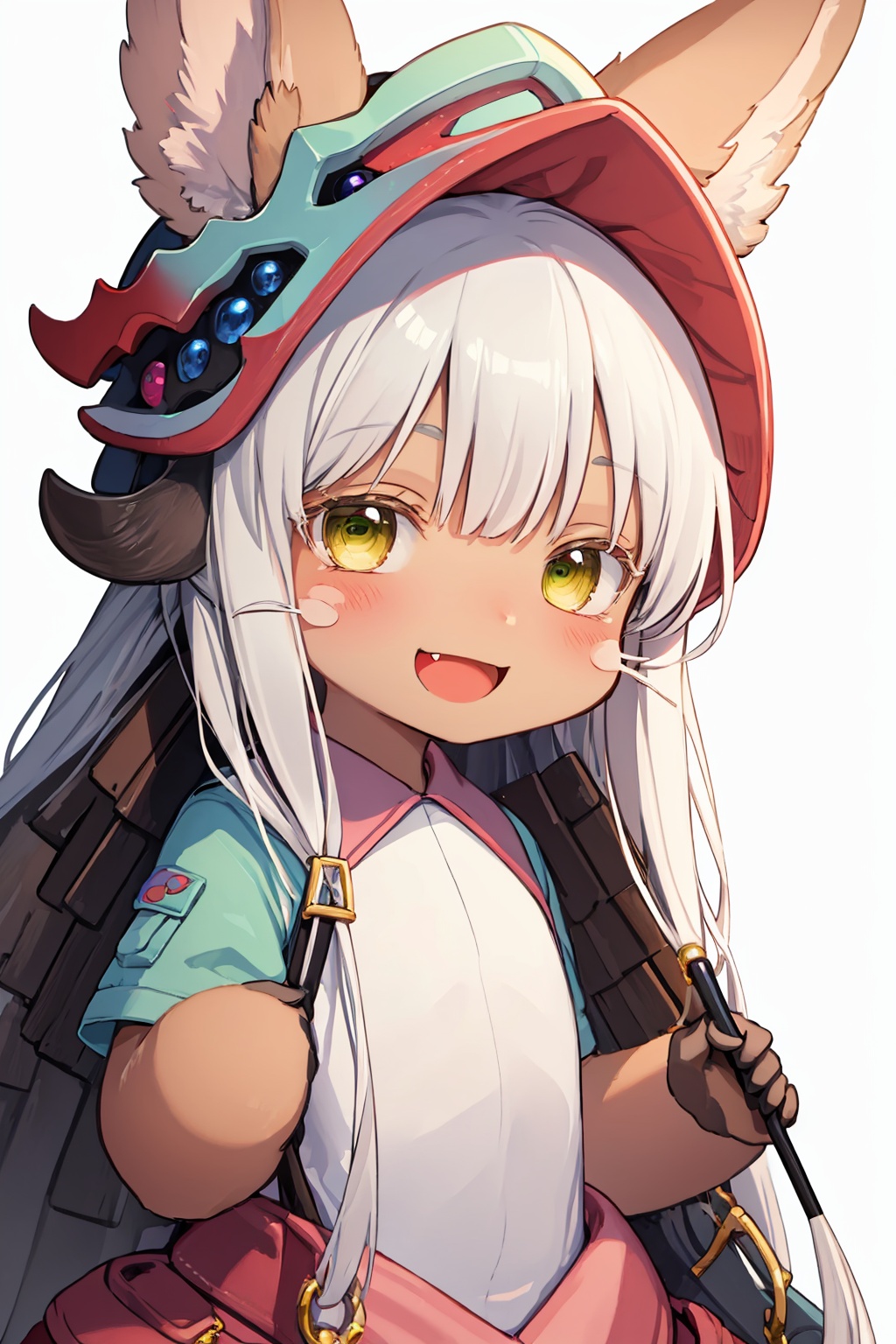 masterpiece,best quality, highly detailed, 1other,furry,nanachi (made in abyss),open mouth,simple background,smile,solo,whiskers,3,looking at viewer,androgynous,upper body,white background,blush,fang,<lora:nanachi_(made_in_abyss):1>