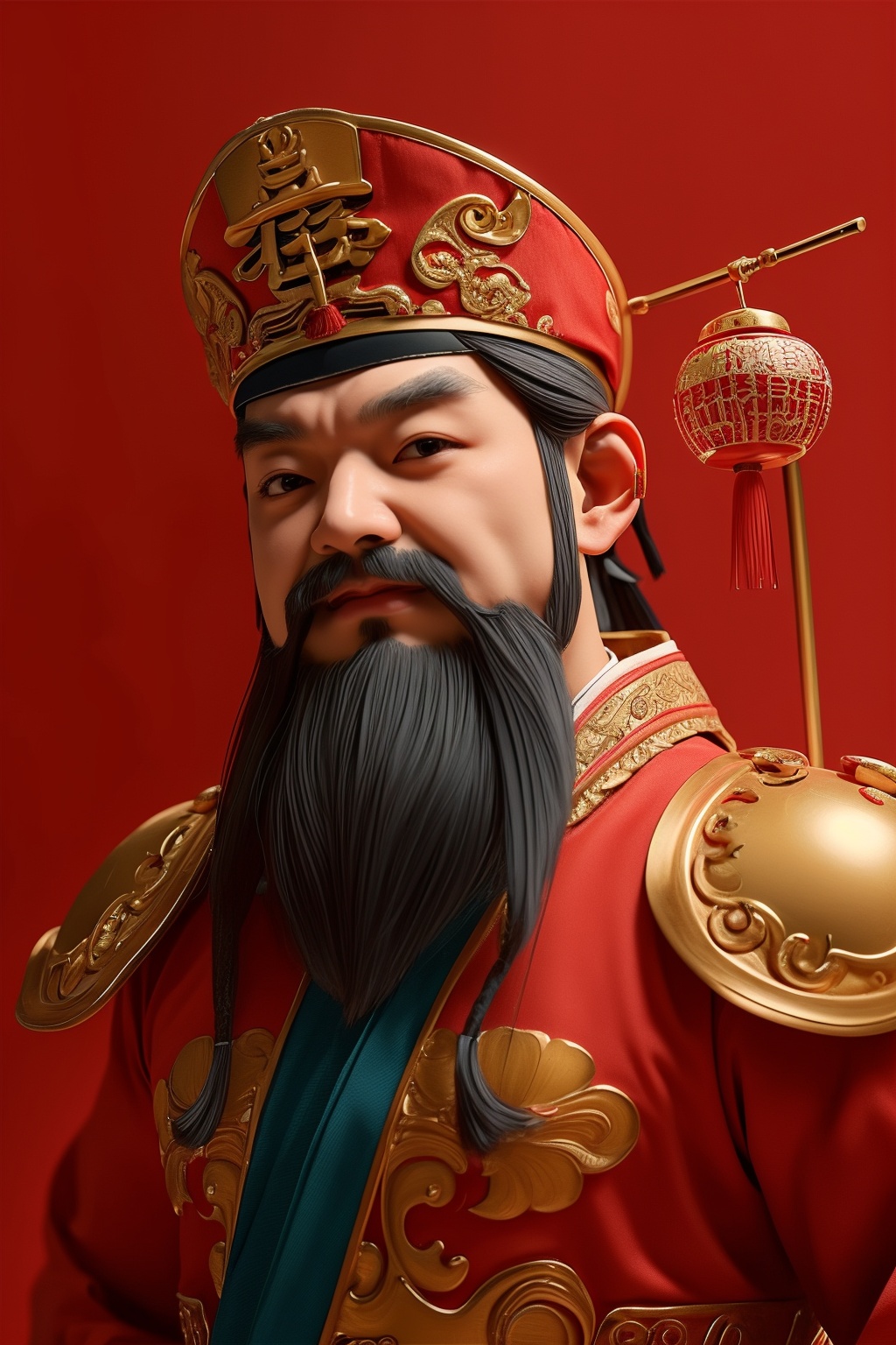 caishen,beard,Low Angle,stand，Red background,<lora:caishen-000004:0.7>,Half of one's body,solo