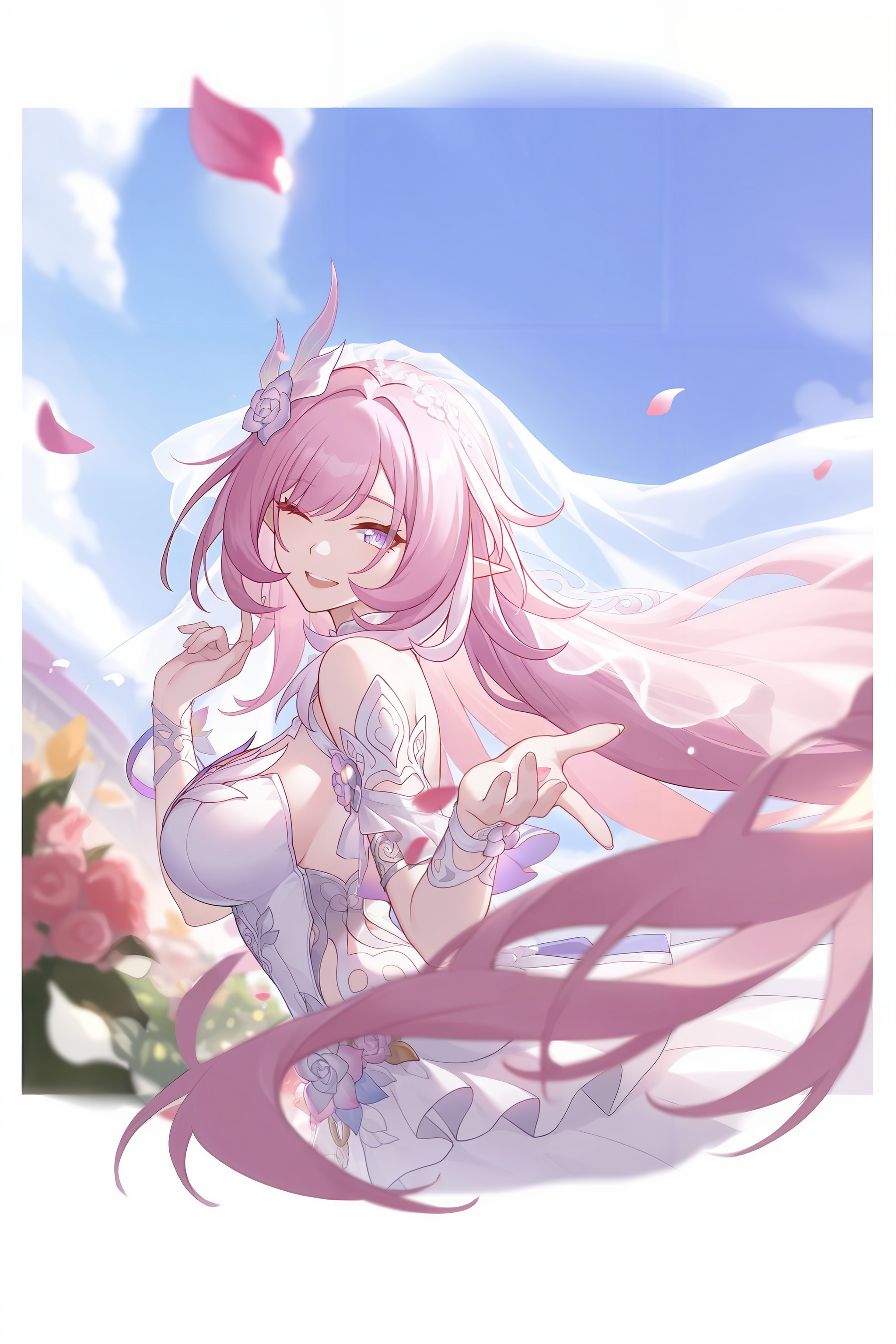 <lora:大昔涟:0.8>,xilian,1girl,long hair,pink hair,hair ornament,pointy ears,pink eyes,very long hair,elf,purple eyes,elysia \(honkai impact\),xilian,1girl,pink hair,solo,long hair,veil,breasts,smile,one eye closed,white dress,open mouth,dress,looking at viewer,petals,teeth,purple eyes,pointy ears,sky,blue sky,upper body,bridal veil,wedding dress,large breasts,pink eyes,depth of field,masterpiece,best quality,very aesthetic,alternate costume,alternate costume,2024,2023,perfect composition,ultra-detailed,extreme aesthetic,masterpiece,best quality,good quality,newest,year 2024,year 2023,very aesthetic,absurdres,looking_at_viewer,colorful,<lora:立绘构图ILL:0.3>,lihui,wind,pink wind,(dynamic_angle:1.1),(dutch angle:1.1),close-up,