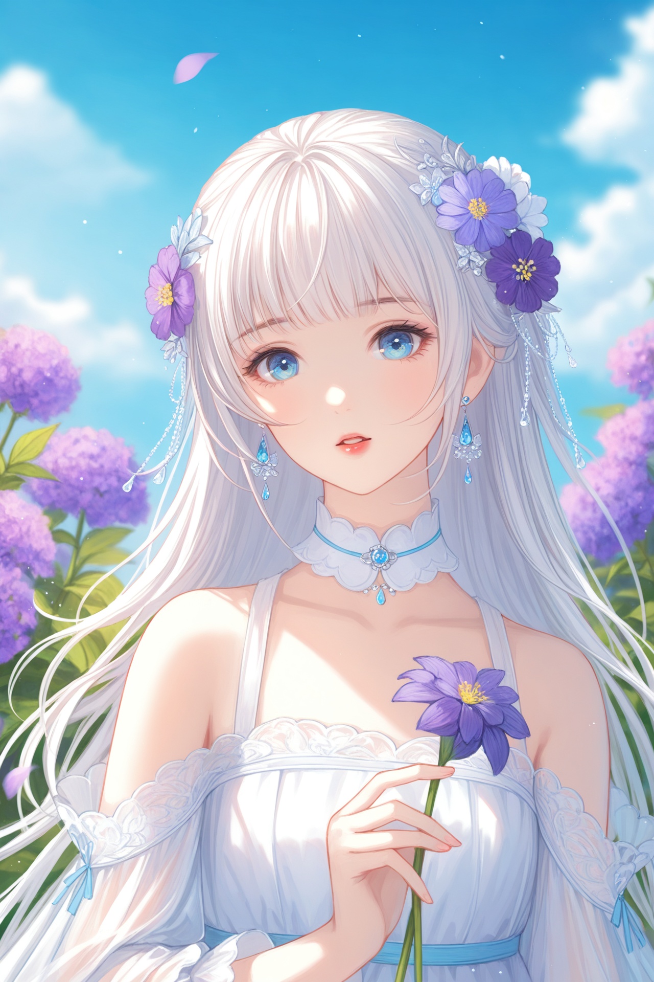 (masterpiece), (best quality), illustration, ultra detailed, hdr, Depth of field, (colorful), loli,1girl, flower, solo, hair ornament, white hair, hair flower, long hair, bare shoulders, holding flower, jewelry, earrings, looking at viewer, holding, upper body, purple flower, sky, bangs, parted lips, blue eyes, dress, blue sky, outdoors, day, petals, white dress, blurry, choker, blurry background,<lora:hansxl-HTⅡ:1>,