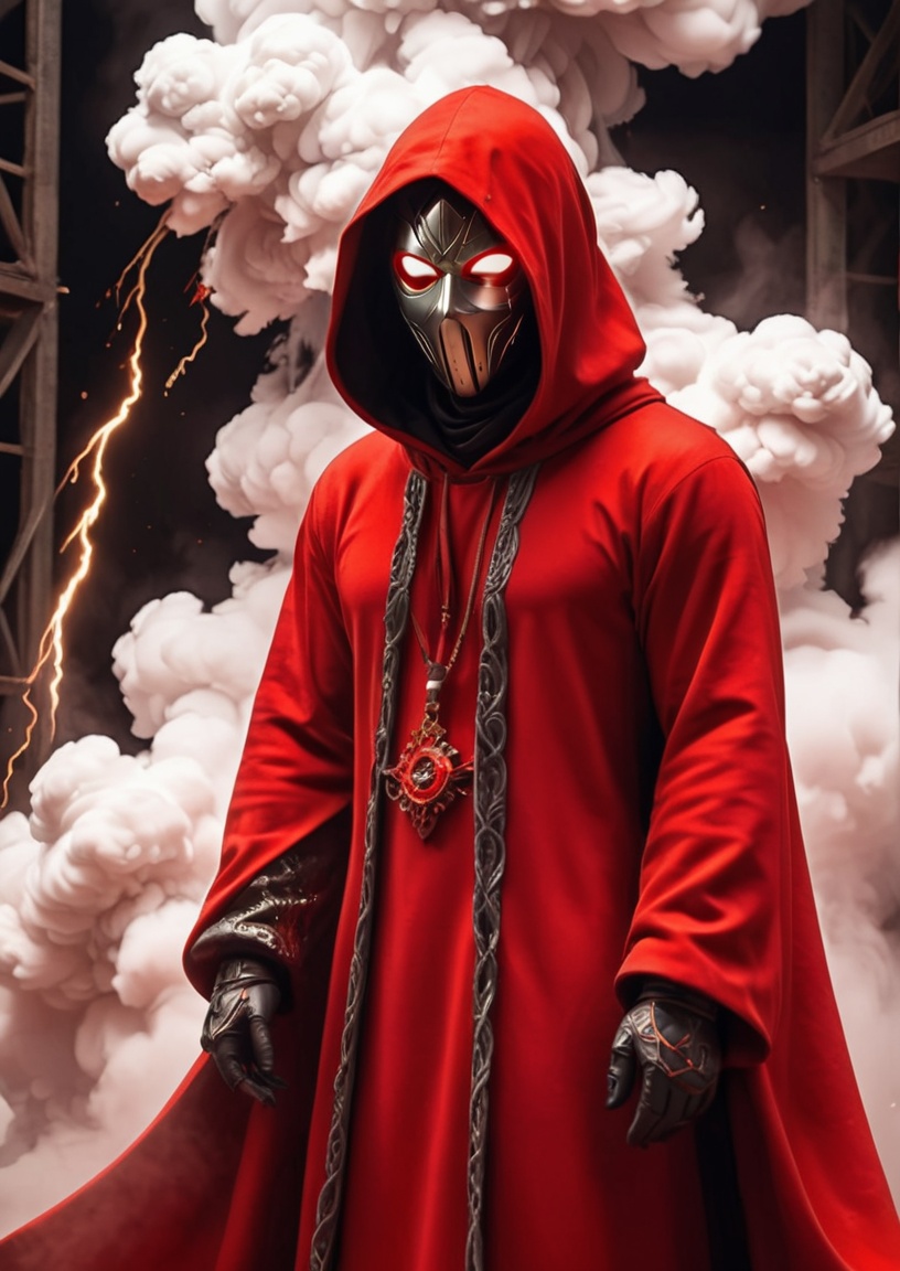 aw0k euphoricred style,  a masked mysterious cloaked figure surrounded by swirling steam smoke and sparks,  an anime drawi...