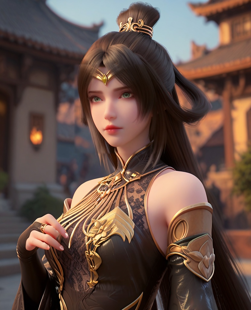 (oriental architecture, elegant decor, sophisticated style:1.1),getting dressed,(breasts:1.2),<lora:XL完美世界魔女2:0.95>,miss monv,solo,black dress,green eyes,circlet,black hair,long hair,hair bun,white  streaked hair,lips,claw rings,jewelry,detached sleeves,bridal gauntlets,hair rings,, zPDXL2, score_9, score_8_up, score_7_up BREAK realistic, masterpiece,best quality, highly detailed,, zPDXL3, zPDXL2,zPDXL, zPDXLxxx, zPDXLrl,