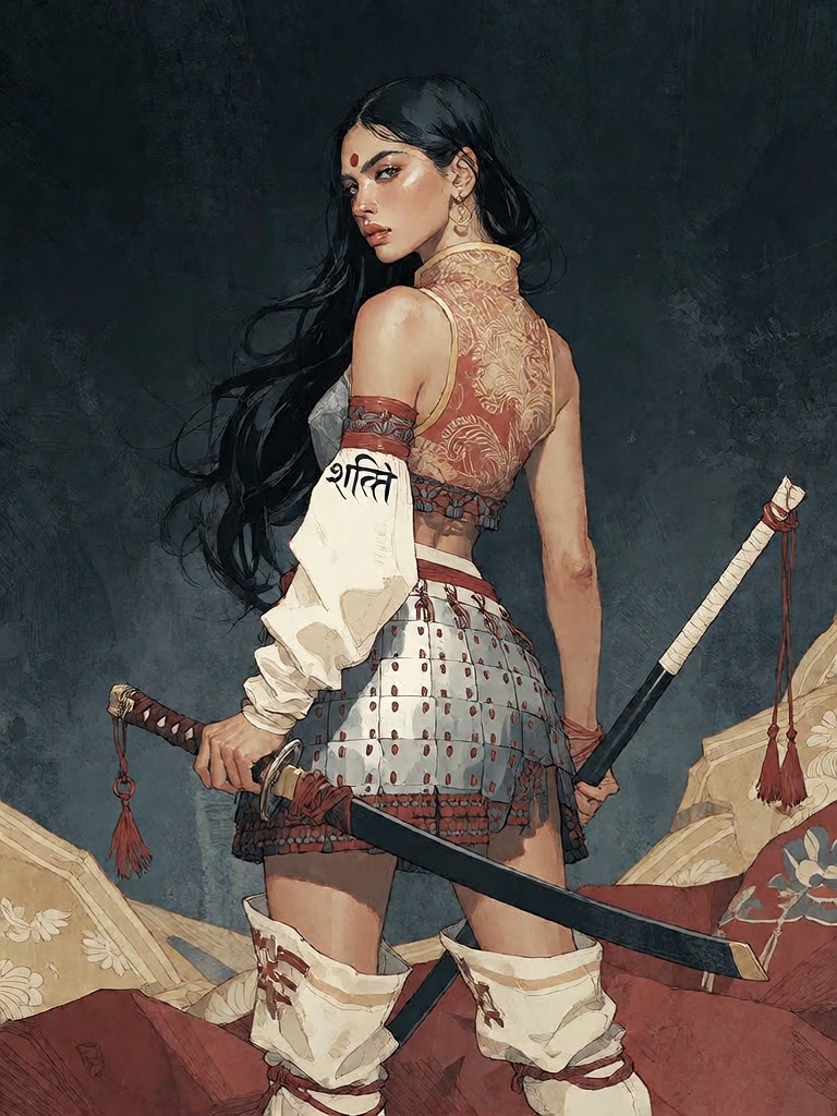 Bradhamel art style. A stunning Indian woman with long dark hair and a bindi,  posed in profile from the back,  wearing or...