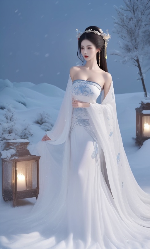 1girl,hanfu,(wide_shot:1.3),medium breasts,Nice clothes,strapless clothes,hanfu,in the outdoor,the snow is falling,silver-white clothes,enjoy the snow,sideways,<lora:shou-v50:0.7>,<lora:daqipiaoyihanfu:0.5>,<lora:babi:0.7>,, (8k, RAW photo, best quality, masterpiece:1.2),(realistic, photo-realistic:1.3), ultra-detailed, extremely detailed cg 8k wallpaper,(crystalstexture skin:1.2), (extremely delicate and beautiful), (perfect hands, perfect anatomy:1.2),