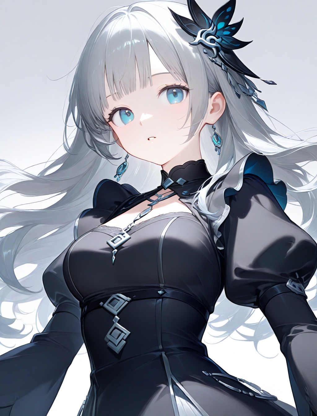 1girl, bangs, black_dress, blue_eyes, breasts, dress, grey_hair, hair_ornament, juliet_sleeves, long_hair, long_sleeves, looking_at_viewer, medium_breasts, parted_lips, puffy_short_sleeves, puffy_sleeves, simple_background, solo, upper_body, white_background
