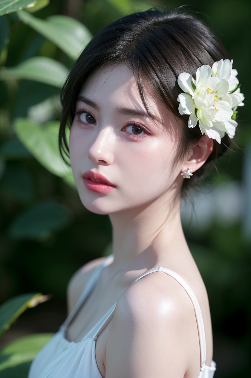 1girl, solo,(front view:1.2),(looking_at_viewer:1.4),(eye-contact:1.4),,black hair, short hair, jewelry, realistic, earrings, hair ornament, black eyes, lips, collarbone, parted lips, flower, watermark, upper body, portrait, hair flower, dress, web address, <lora:LH_zrV2:0.75>, <lora:YG红颜阁美女1:0.75>,