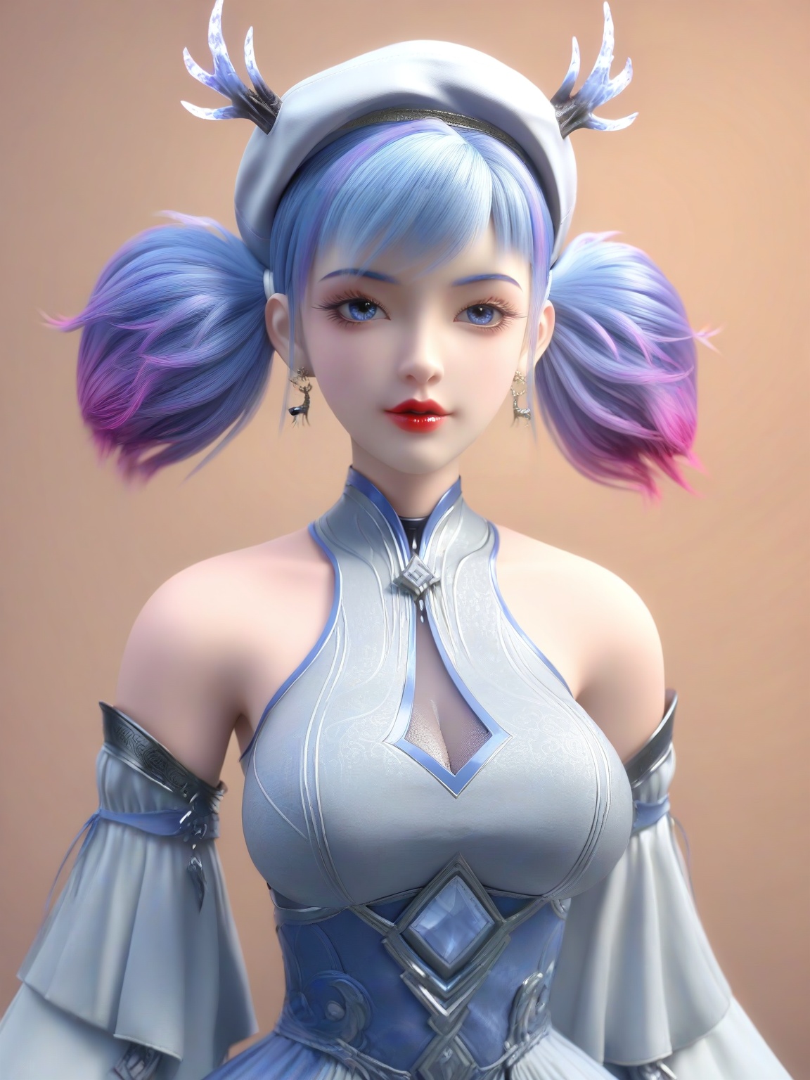 score_9,1girl,breasts,large breasts,standing,solo,eyeshadow,bangs,bare shoulders,beret,detached sleeves,dress,earrings,gradient hair,multicolored hair,lipstick,simple background,   looking at viewer,upper body,<lora:SF_XiaoMiLu_Pony_Realism2.3-000003:0.7>,