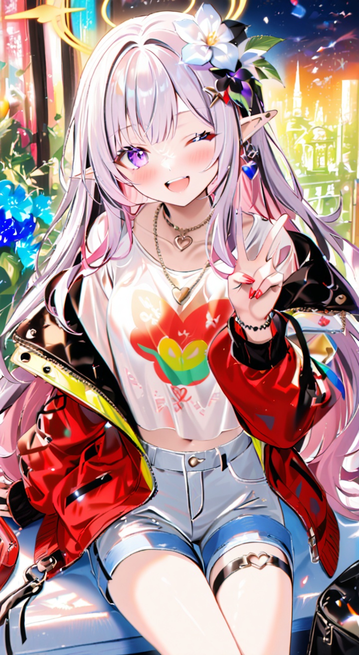 1girl,solo,jacket,one eye closed,pointy ears,flower,shorts,hair ornament,jewelry,long hair,sitting,shirt,hair flower,smile,purple eyes,open jacket,looking at viewer,black shirt,d,red jacket,thigh strap,necklace,halo,v,open clothes,open mouth,white hair,long sleeves,nail polish,off shoulder,bag,red nails,thighs,white flower,food,short shorts,midriff,navel,collarbone,white shorts,cake,earrings,crop top,breasts,bangs,very long hair,hand up,bracelet,elf,blush,