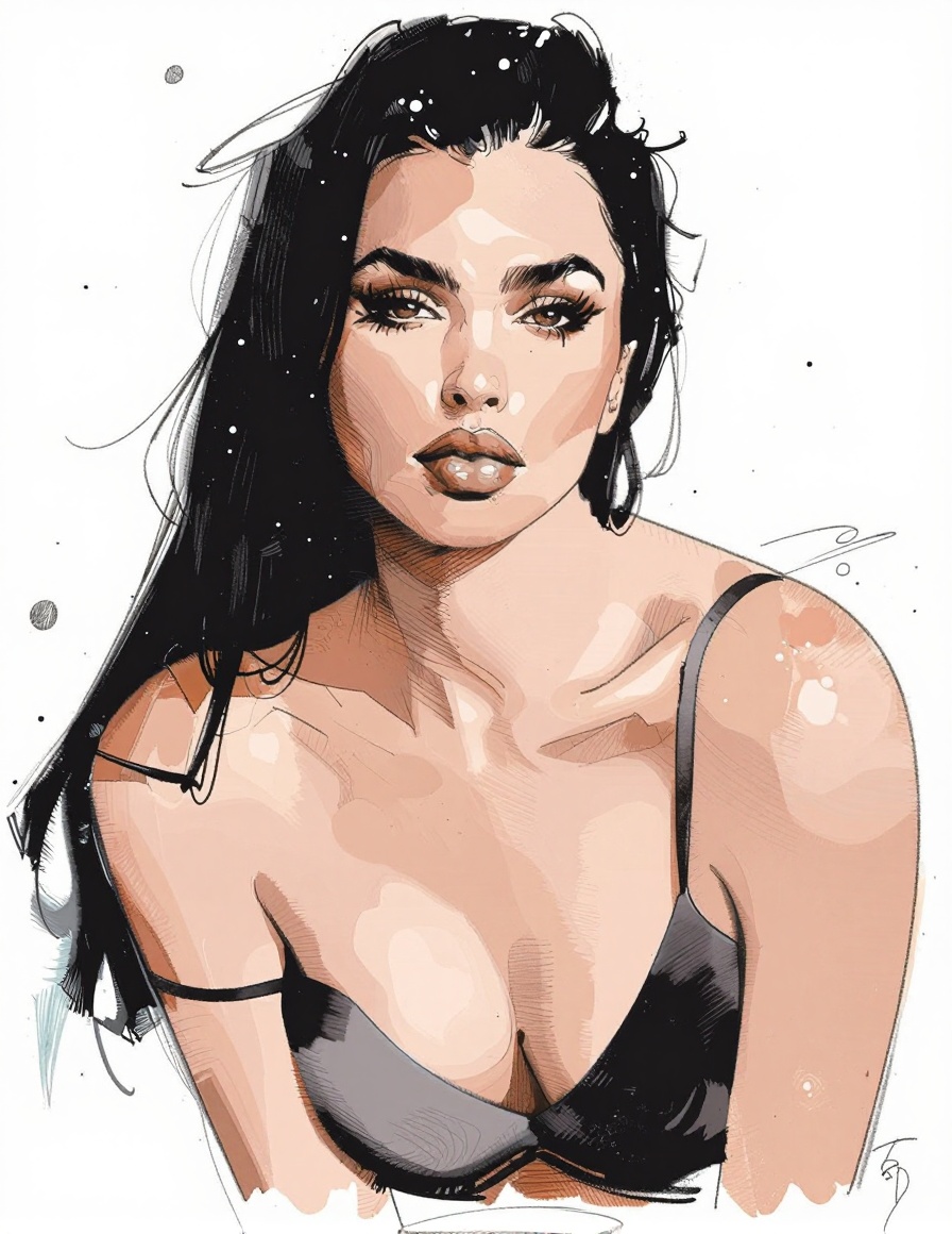 Kaljedef art style: A detailed digital illustration of a woman with long,  sleek black hair flowing dynamically around her...