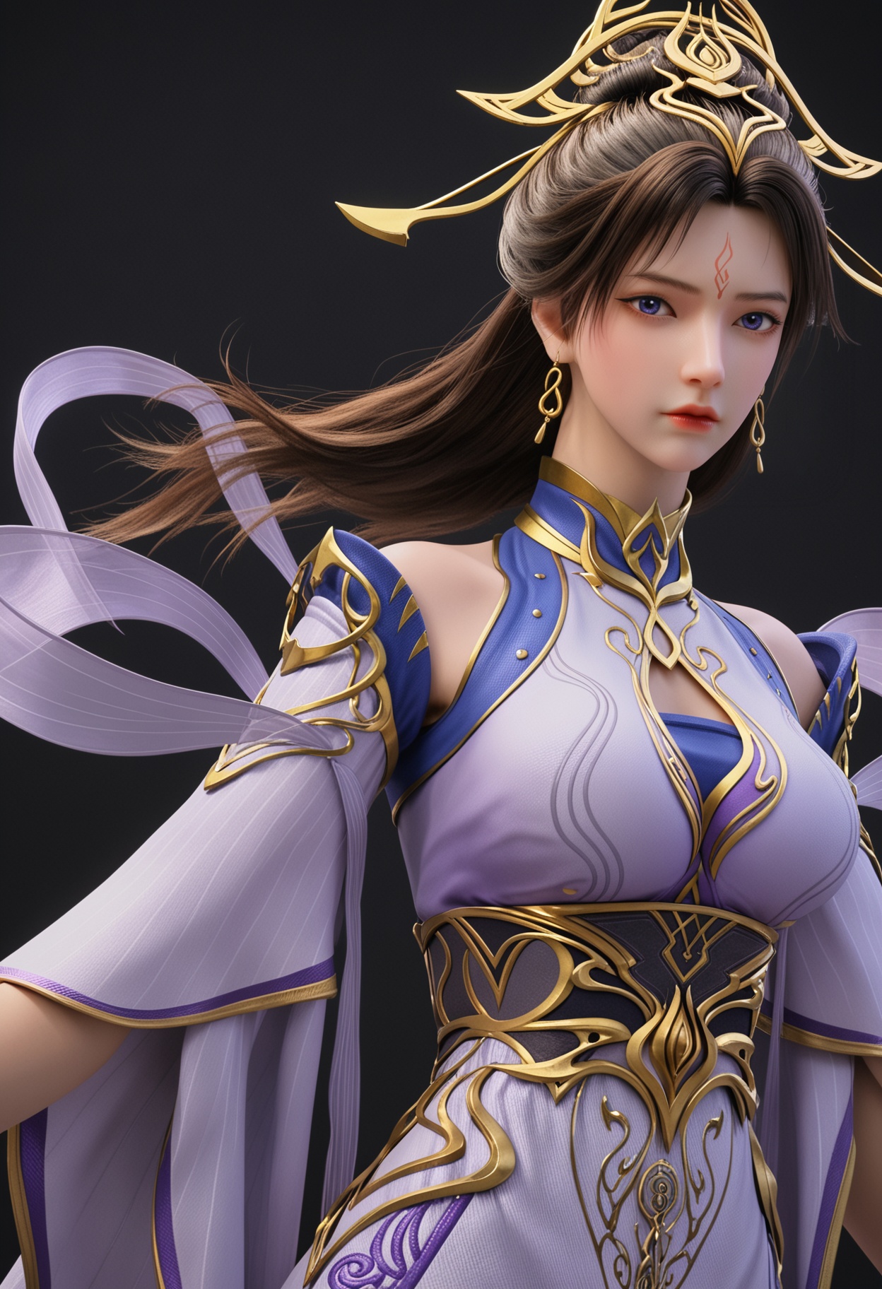 (upper_body:1.2),score_9,score_8_up,masterpiece,(best quality),intricate details,facing viewer,(looking at viewer:1.1),<lora:YQ_pony_chuxuaner_fuzhaung4_V4:0.8>,q1528437228,1girl,solo,long hair,hair ornament,jewelry,earrings,black hair,dress,forehead mark,blue eyes,brown hair,detached sleeves,hair bun,chinese clothes,sash,wide sleeves,high heels,pantyhose,ponytail,long sleeves,shoes,black pantyhose,purple eyes,stiletto heels,blue footwear,BREAK(score_9:1.2),(score_8_up:1.2),masterpiece,best quality,very aesthetic,perfect anatomy,(hourglass),perfect face,(simple background,pure black background,black background:1.1),fair_skin,(shiny_skin:1.1),Ivory_skin,