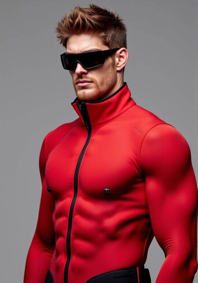 Ken Bek ,  Hi-res photo. He wears futuristic electronic glasses. He is wearing a light red,  close fitting flight suit mad...