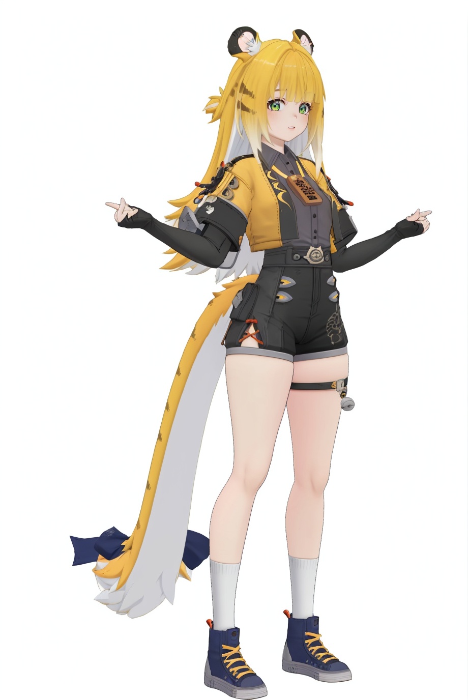 8k,best quality,masterpiece,(ultra-detailed),(high detailed skin),(by nanoless, by misumi \(macaroni\),:0.5),A full-body portrait of a young girl,standing gracefully,pastel art style,high-key lighting,shoujo manga influence,hd quality,delicate details,full body,full shot,standing,looking at viewer,(solo:1.2),simple background,(white background:1.2),<lora:jufufu-sd-Tanger-000019:0.85>,Ju fufu \(Zenless Zone Zero\),clothes: black-and-yellow def suit,tiger girl,1girl,green eyes,animal ears,blonde hair,shoes,long hair,thigh strap,short sleeves,bangs,black fingerless gloves,white socks,black shorts,collared shirt,tail ornament,