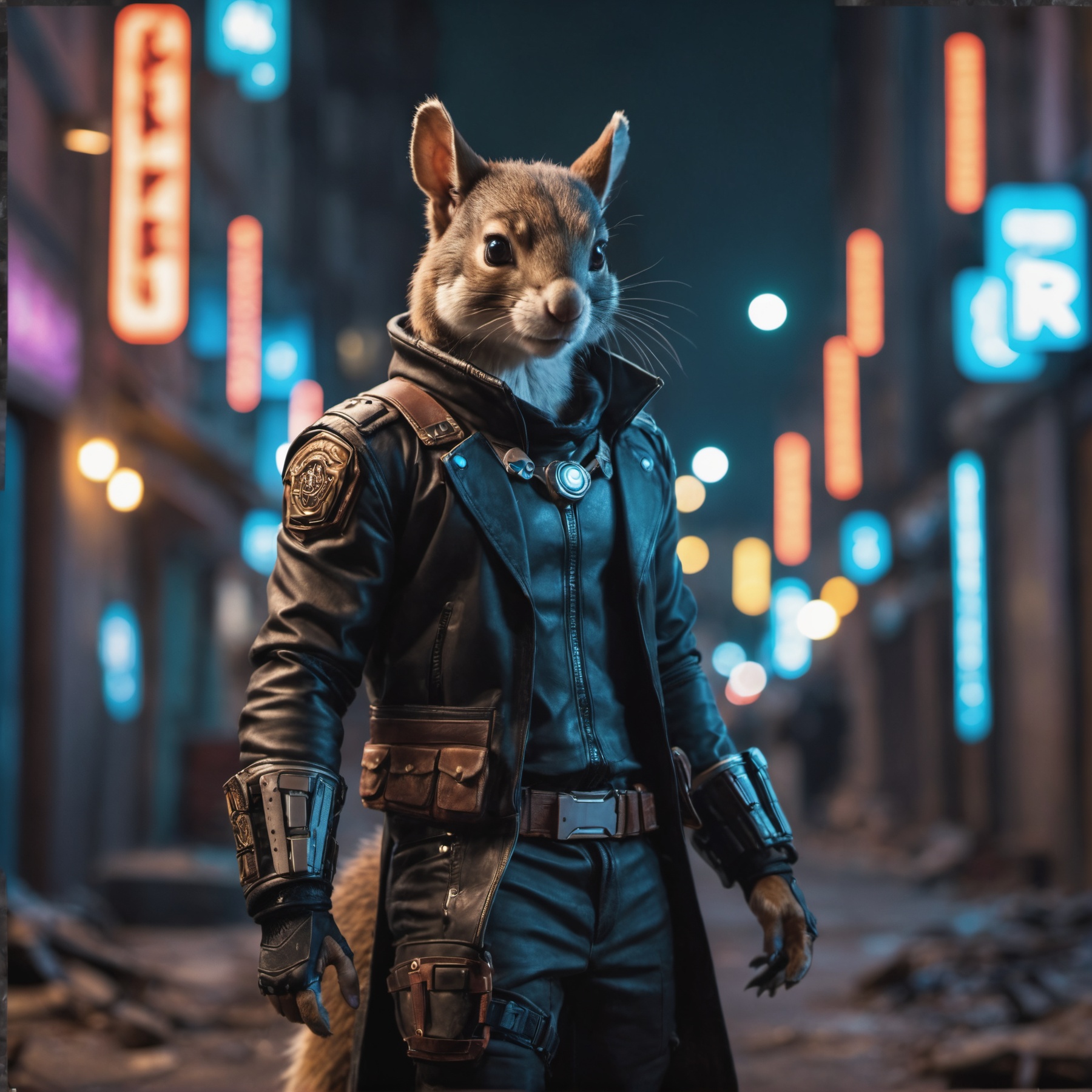cyberpunk anthro squirrel male wearing cyberpunk outfit in a destroyed city . shallow depth of field,  vignette,  highly d...