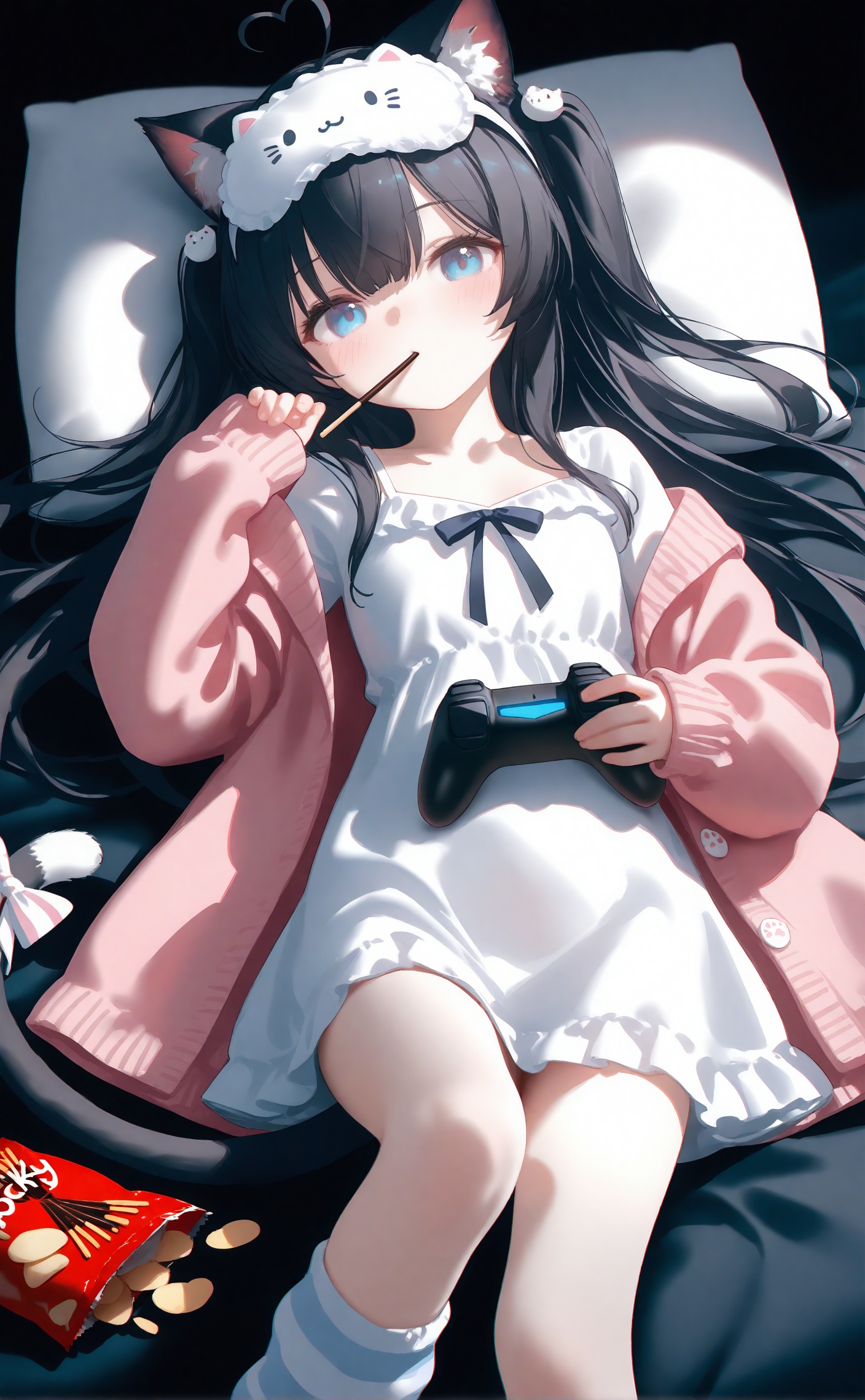 masterpiece,absurdres,best quality,high quality,chromatic_aberration,night,darkness,black theme,photorealistic,loli,loli,//,sleep mask,1girl,controller,animal ears,heart tail,cat tail,tail,blue eyes,game controller,cat girl,cat ears,food,mask on head,striped socks,virtual youtuber,sleeves past wrists,holding controller,long hair,pink cardigan,sleeves past fingers,eye mask,cardigan,black hair,looking at viewer,solo,heart,mask,mouth hold,holding game controller,animal ear fluff,holding,open cardigan,hair ornament,socks,white dress,pocky,tail ornament,chips (food),food in mouth,ahoge,dress,blush,hair between eyes,pillow,pocky in mouth,striped clothes,long sleeves,bow,notice lines,two side up,lying,open clothes,signature,potato chips,bag of chips,on back,loose socks,feet out of frame,loungewear,pink jacket,tail bow,heart ahoge,leg warmers, <lora:Nano_amei5up:0.8>