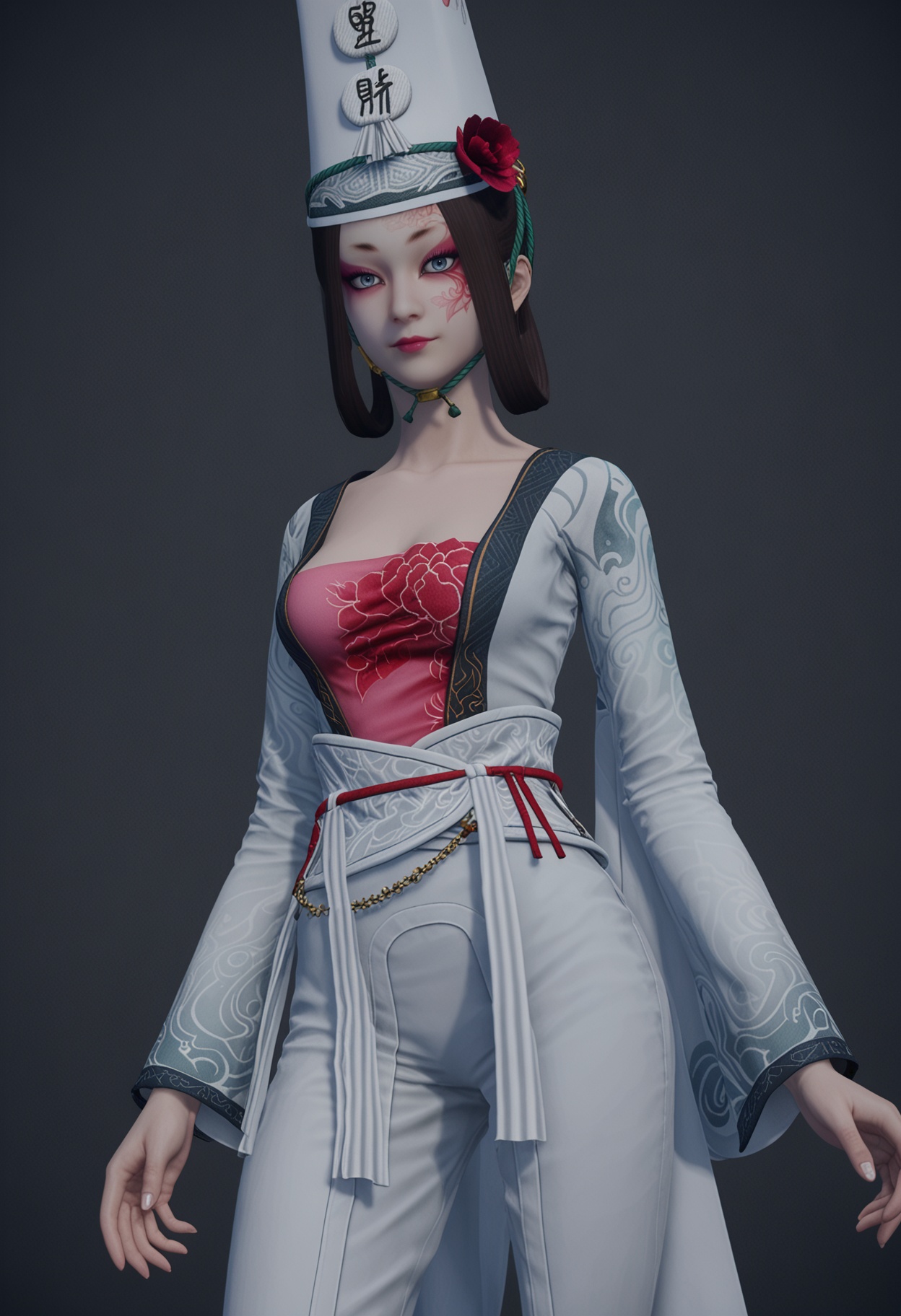 (cowboy shot:1.1),(looking at viewer:1.1),facing viewer,direct gaze,<lora:YQ_pony_baiwuchang_changxuanlin_V4:0.8>,q1528437228,1girl,solo,black hair,hat,hair flower,makeup,chinese clothes,dress,hair ornament,long sleeves,grey eyes,blue eyes,facepaint,hair rings,eyeshadow,pants,jewelry,headwear,long hair,facial mark,short hair,brown hair,shoes,BREAK simple background,pure black background,black background,perfect anatomy,