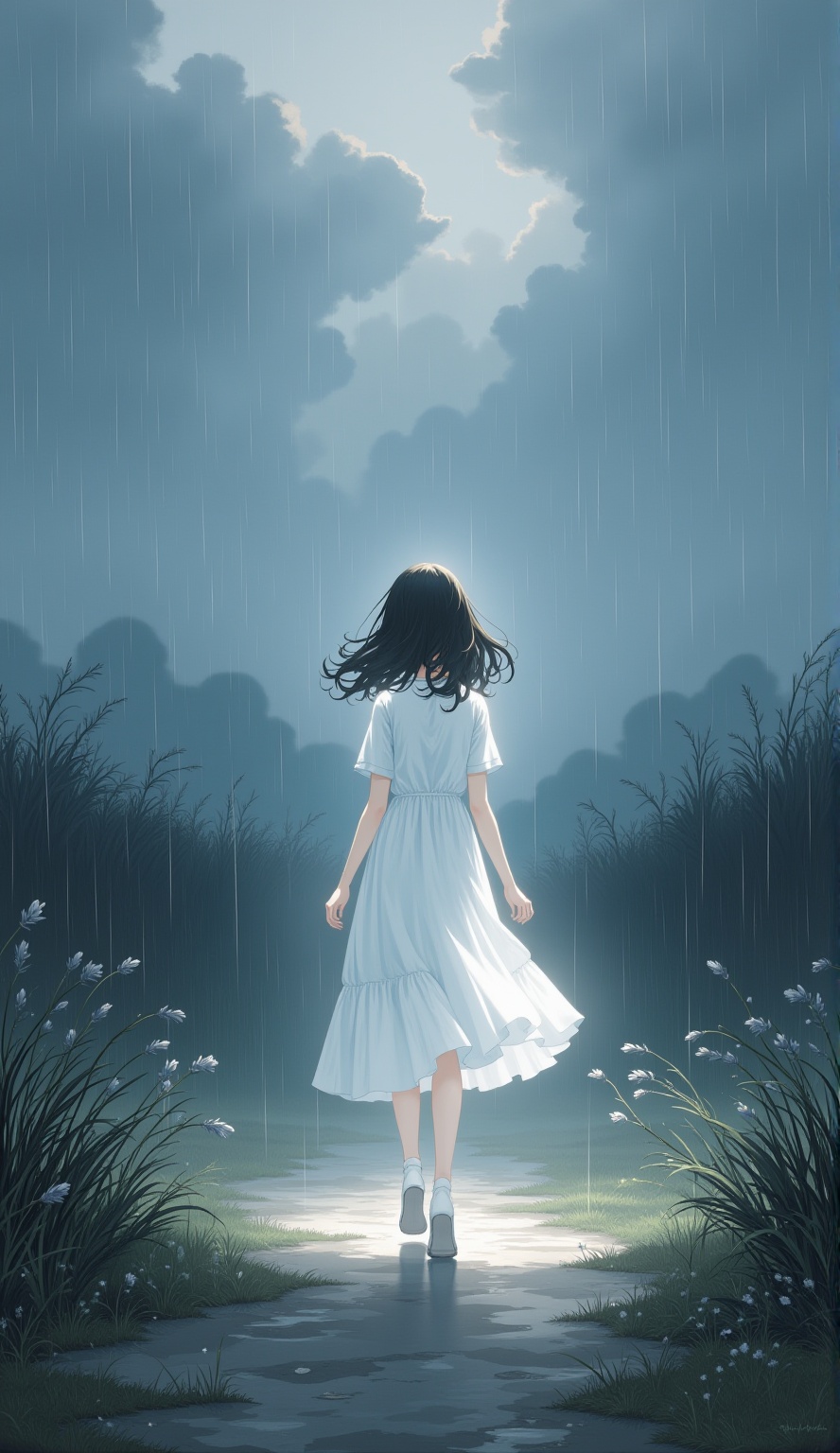 Emotion,A solitary figure in a white dress walks along an ethereal path,surrounded by falling rain and towering grasses under a dramatic sky.,