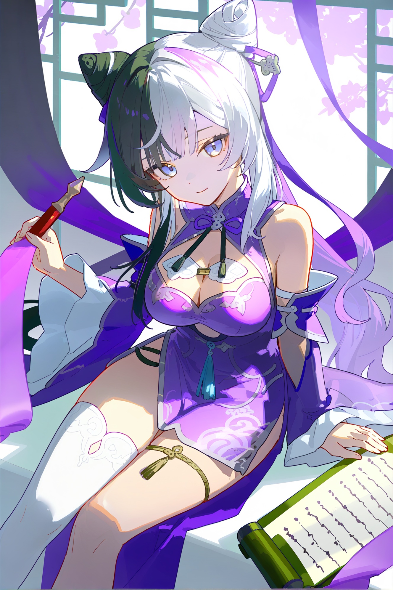 cone hair bun,split-color hair,1girl,solo,two-tone hair,breasts,multicolored hair,cleavage,hair bun,single thighhigh,black hair,large breasts,purple dress,dress,thighhighs,long hair,cleavage cutout,scroll,sitting,looking at viewer,bare shoulders,clothing cutout,blue eyes,white hair,chinese clothes,wide sleeves,detached sleeves,white thighhighs,purple theme,holding,