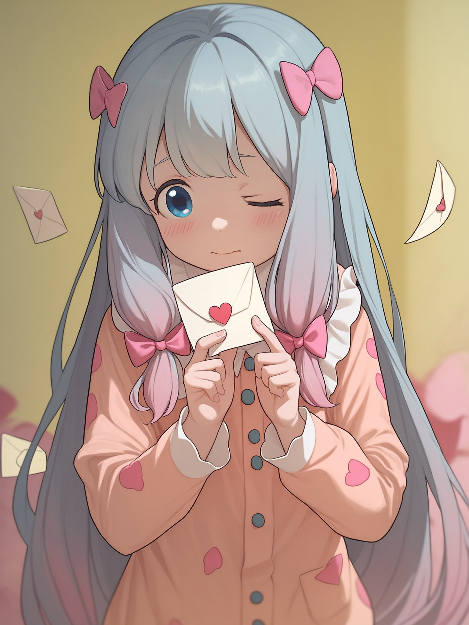 score_10,score_9,score_8_up,score_7_up,1girl,izumi sagiri,solo,long hair,bow,hair bow,blush,blue eyes,one eye closed,pink bow,ribbon,letter,holding,love letter,looking at viewer,heart,pajamas,upper body,long sleeves,blurry,envelope,depth of field,pink ribbon,very long hair,