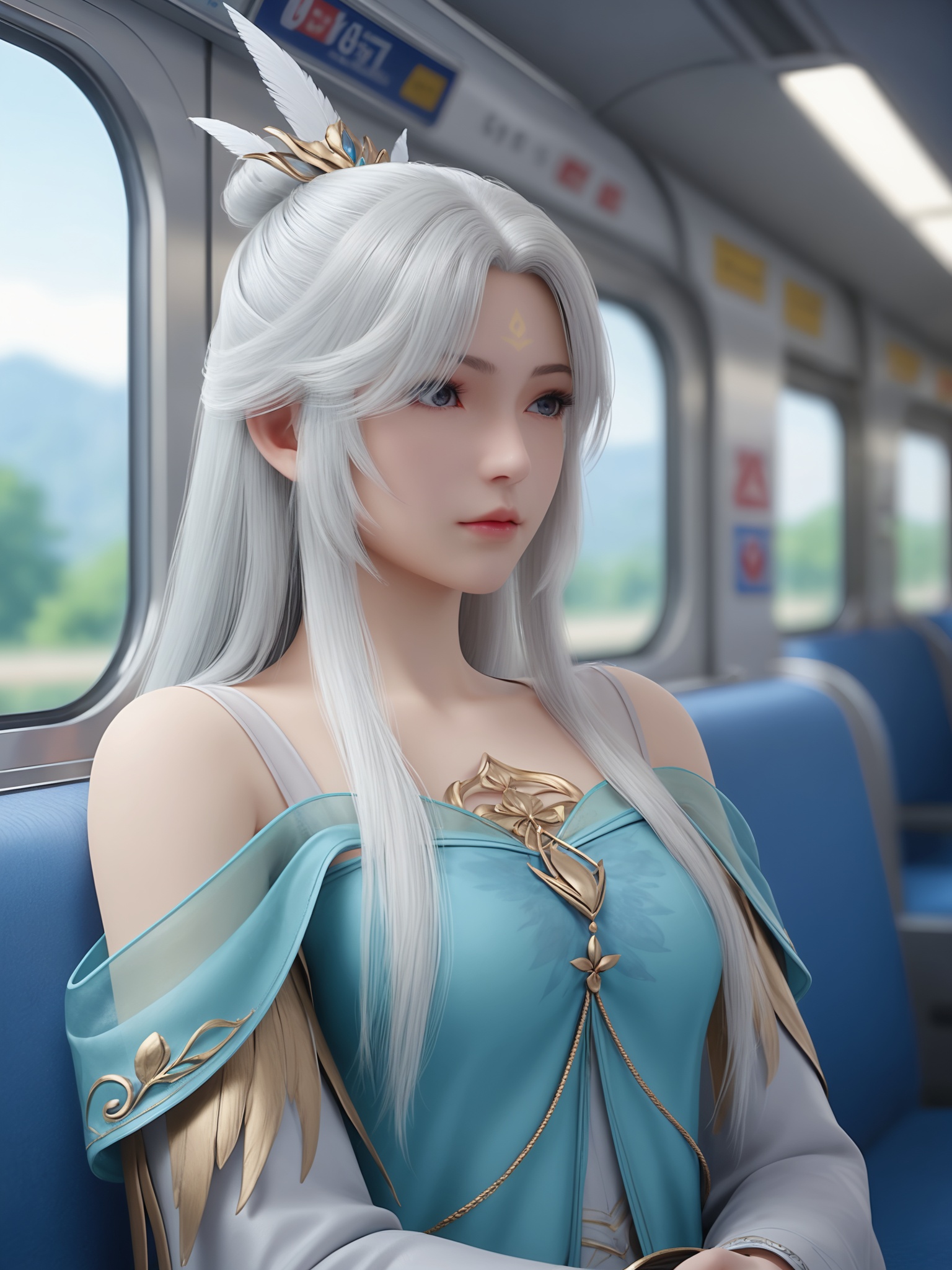 solo,1girl,fsolo focus,(perfect_anatomy:1.1),(upper_body:1.2),(portrait:1.1),sitting,(train_interior:1.1),(blurry_background:1.2),score_9,<lora:雪琳Pony-完美世界:0.6>,1girl,silver-white hair,wearing a flowing,off-the-shoulder,blue dress with intricate golden accents and a high collar.,