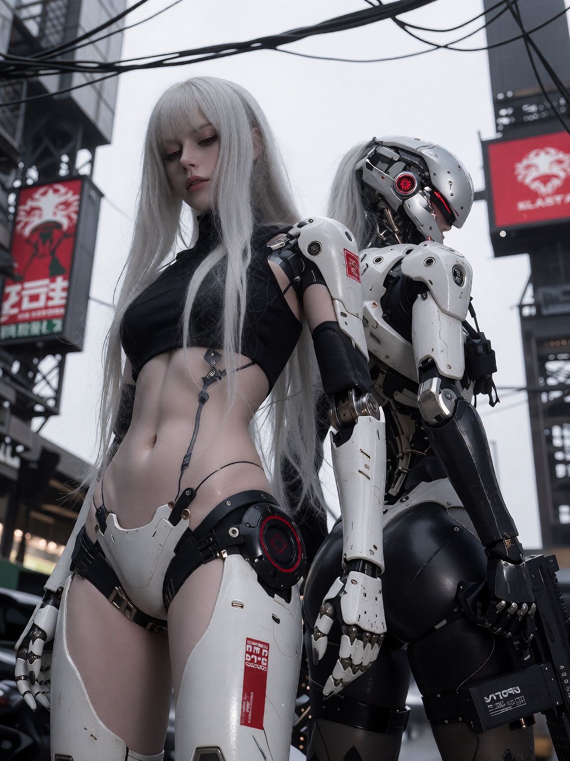画面为仰视角度的赛博机械少女题材,  主体是两位背靠背站立的女性改造人形象。前方一位留着极长的银白色直发,  发丝如瀑布垂落至腰腹以下 on Tensor.Art