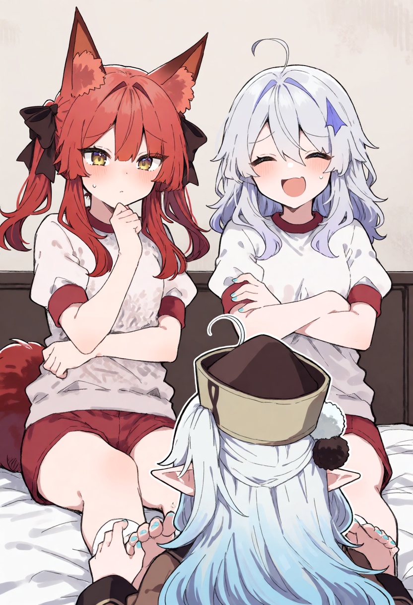 A petite fox girl with medium-length red hair styled in two side-ups with hair between eyes and long sidelocks,  yellow ts...