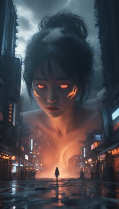 insanely detailed,masterpiece,orangeblack,abstract 3D design,neon lights,hyper detailed,cinematic lighting,photorealism,hyperdetailed,bailing_monster,outdoors,(1girl:0.5),darkness,city,mitsu_masaya,huge,a huge monster passes through the clouds,(cloudy:1.2),hologram,huge waves,professional,highly detailed,ultra wide,octane render masterpiece,beautiful depth of field,ultra wide field,ultra detailed CG perspective,ultra dynamic lighting amazing shadows,