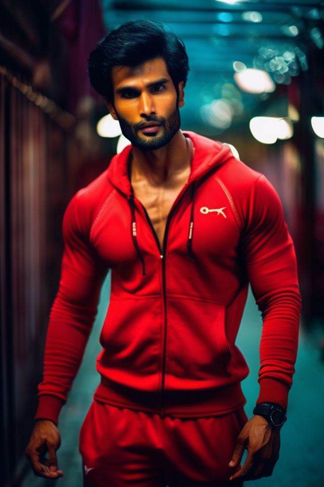 Sendhil Ramamurthy a man ,  realistic photo in a worn ((skin-revealing skimpy erotic red tracksuit,  massive hairy pecs))...