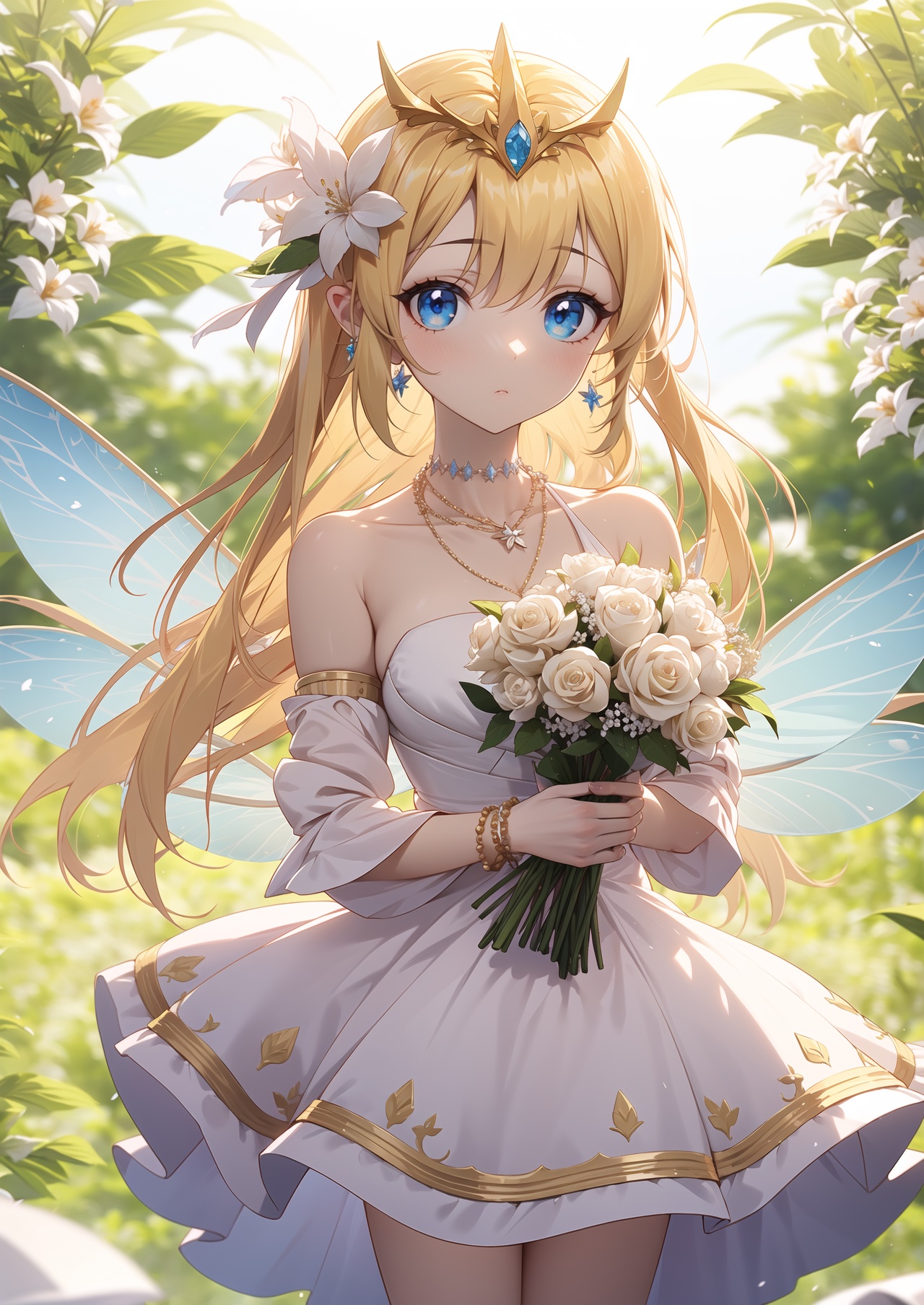 masterpiece,best quality,1girl,jewelry,solo,flower,blurry background,wings,blurry,dress,holding,blue eyes,bouquet,ring,long hair,earrings,detached sleeves,white dress,looking at viewer,holding flower,blonde hair,necklace,bare shoulders,holding bouquet,bracelet,fairy wings,hair ornament,tiara,white flower,beads,fairy,depth of field,