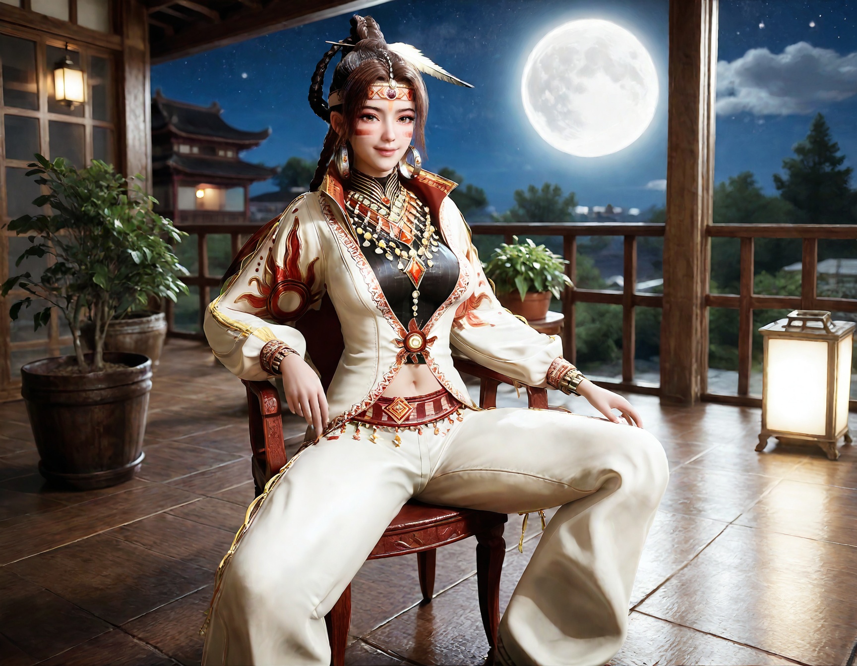 professional 3d model (score_9:1.2), (score_8_up), score_7_up,(((photorealistic))), 4k, sharp and focus,detailed shadows, detailed lighting, detailed background, detailed face, detailed body,<lora:syqiangk_徐T真_第一套_cl80vae:0.8>,xutianzhen_fz1, solo, jewelry, brown hair, necklace, braid, smile, brown eyes, earrings, hair ornament, facepaint, long hair,pants, midriff, navel,  jacket, headdress, skinny thighs, long legs,breasts, (medium breasts), cleavage, cleavage cutout,extremely detailed, girl, bimbo, (lustful), (loving look), horny expression,(shiny skin:1.2),  (wet), (pale skin:1.9), (fair skin:1.9), (white skin:1.6).(up close:1.2),(indoors,  east asian architecture, full moon, moon, night,  moonlight,  night sky,  sky,  potted plant,  plant, table, chair),The background features a wooden structure and east asian architecture, possibly a indoors or balcony, with a potted plant and a wooden table. The night sky is clear, with stars visible, and the full moon casts a soft glow, adding a mystical ambiance to the scene.The overall style is hyper-realistic, with attention to fine details such as skin texture, clothing folds, and lighting effects, creating a vivid and immersive visual experience.cowboy shot, (medium shot). sitting, (spread legs), (m_legs), looking at viewer . octane render, highly detailed, volumetric, dramatic lighting