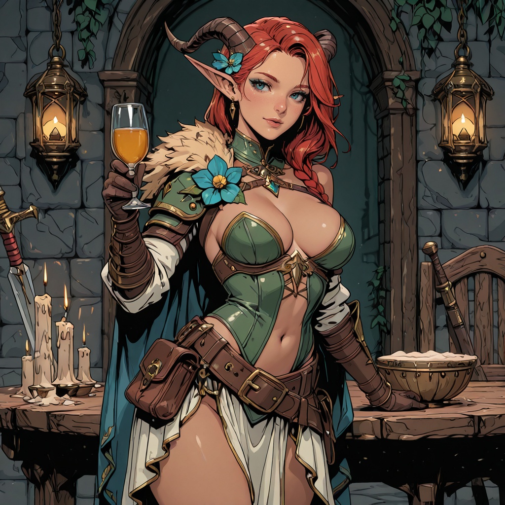 D&D Painterly,  A digital illustration featuring a fantasy warrior woman with vibrant red hair adorned with blue flowers a...