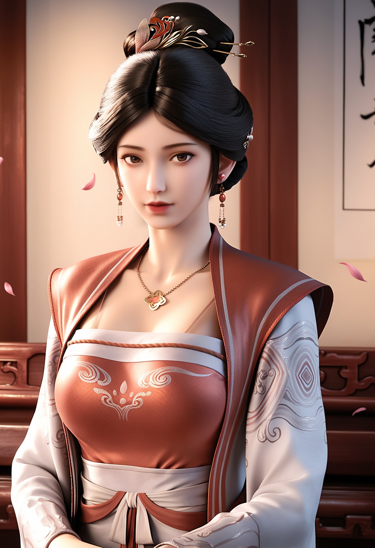 masterpiece,best quality,amazing quality,high resolution,ultra-detailed,absurdres,(looking at viewer:1.1),upper body,(Dark room:1.3),(moody lighting:1.1),peach blossom,falling petals BREAK (large breasts:0.8),xushi,1girl,solo,black hair,jewelry,earrings,realistic,hair ornament,hair bun,necklace,brown eyes,chinese clothes,lips,long sleeves,dress,hanfu,shoes BREAK photorealistic details,<lora:QQSillxushiV1:0.8>,