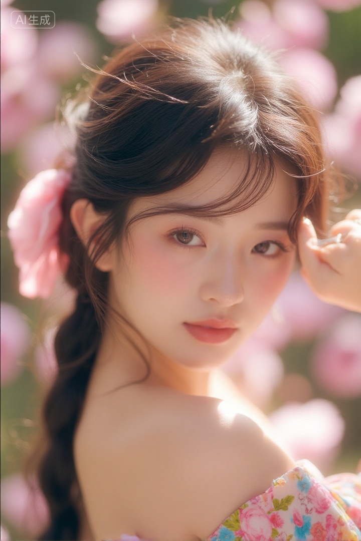 A woman wearing a colorful floral pattern strapless dress, long black hair with a pink flower in it, soft light illuminating her face, clear eyes, blurred pink flowers in the background, romantic and dreamy spring atmosphere, Negative prompt: ng_deepnegative_v1_75t,(badhandv4:1.2),EasyNegative,(worst quality:2),,nsfw, Steps: 30, Sampler: Euler, CFG scale: 3.5, Seed: 527099220, Size: 720x1080, Model hash: 8cba4f1ef4, Model: F.1基础算法模型-哩布在线可运行_F.1-dev-fp8.safetensors, Denoising strength: 0, RNG: CPU, Lora 1: 20250913-1757780180322-0001, Lora Hash 1: 2c61ab8cf8, Lora Weight 1: 0.8, vae_name: automatic