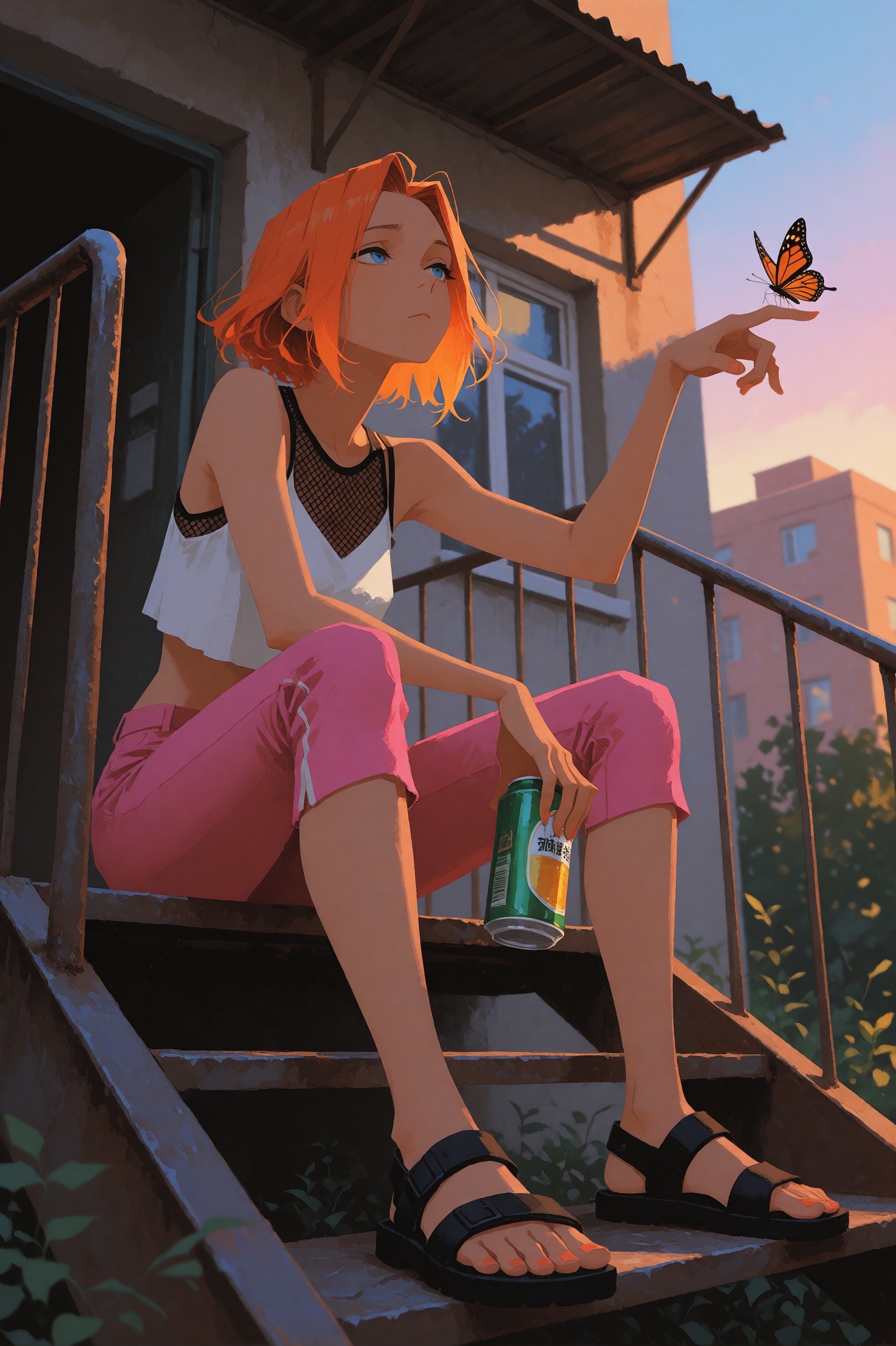 scene of a woman sitting on metal steps in front of an apartment building,  sunset,  35 year old woman on Tensor.Art