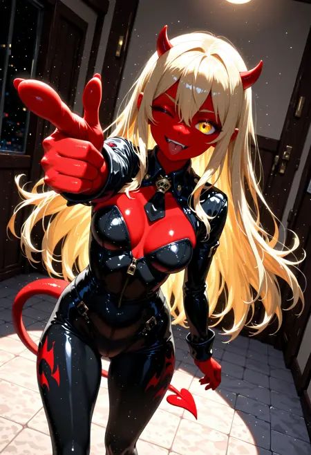 newtraumacore, 1girl, long blonde hair, red devil costume, small horns, tongue out, confident expression, winking, finger gun gesture, pointing at viewer, mischievous smile, tight outfit, tail slightly curled, background glowing red, playful pose, dynamic angle, bold shadows, dramatic lighting, stylish attitude, 3D Rendering, Beagle, Panorama, everyday scenes, vibes, storybook style, contemporary and historical influences, dynamic and flamboyant character designs, character art by Modern Disney, Pixar, cinematic, action