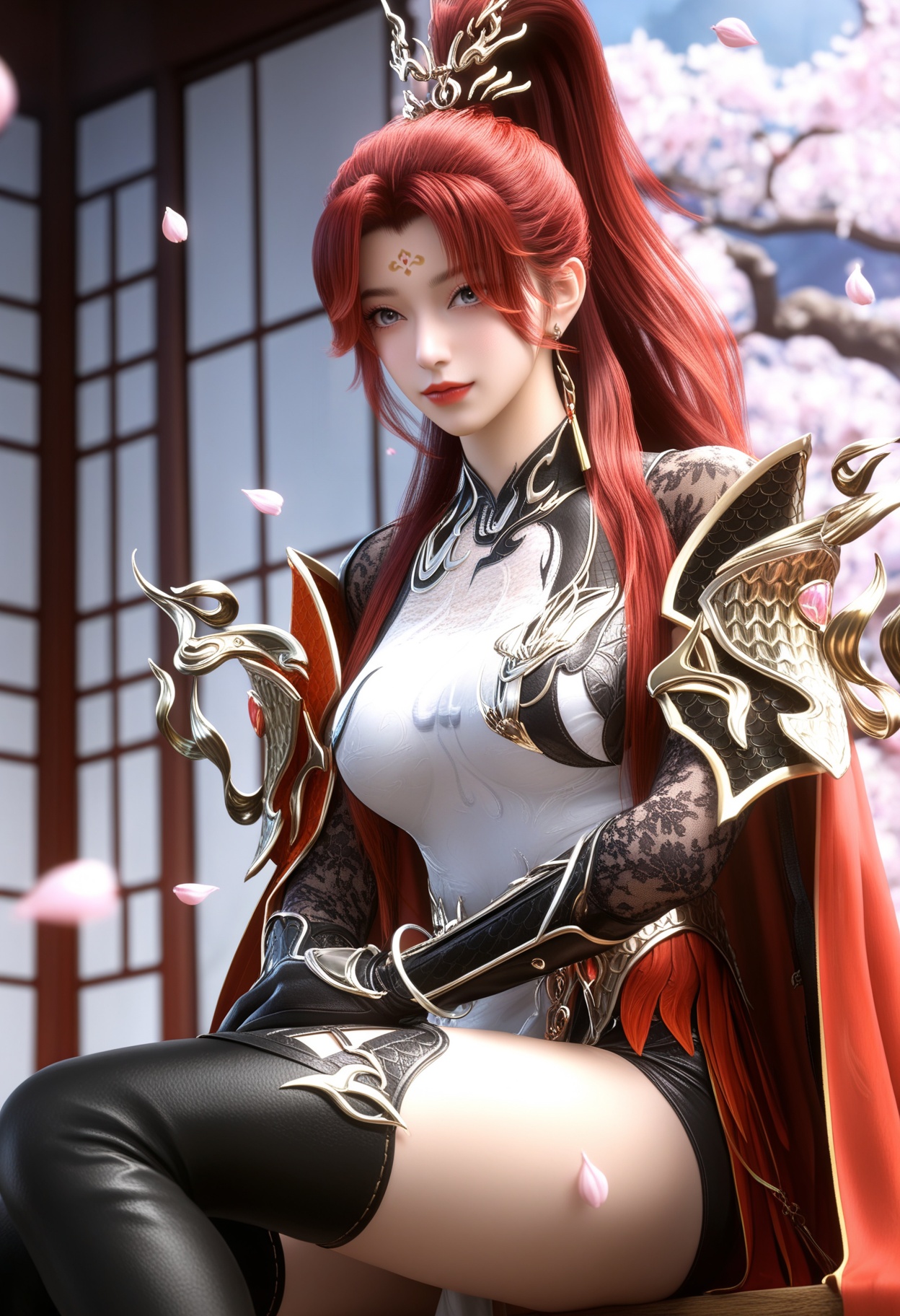 masterpiece,best quality,amazing quality,high resolution,ultra-detailed,absurdres,(looking at viewer:1.1),upper body,Dark room,moody lighting,peach blossom,falling petals BREAK large breasts,1girl,solo,long hair,red hair,jewelry,earrings,forehead mark,red lips,hair ornament,ponytail,armor,dress,chinese clothes,makeup,thighhighs,gloves,cape,blue eyes,shoulder armor,high ponytail,grey eyes,red cape,black thighhighs,thigh boots,boots BREAK photorealistic details,<lora:QQSillchiyanghuamingV1:0.8>,