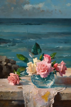 aliekexie,masterpiece,best quality,<lora:阿列克谢·安东诺夫:0.8>,(no_humans:1.2),a painting of a pink rose in a glass vase on a ledge with a blue sky background behind it,highly detailed oil painting,a photorealistic painting,photorealism,beach,ocean,water,sand,no_humans,pokemon_\(creature\),horizon,