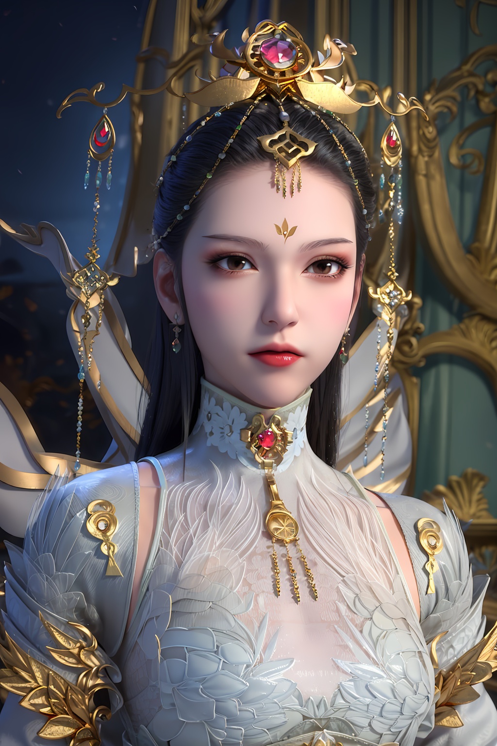 3D,masterpiece,(best quality),(makeup),official art, extremely detailed cg 8k wallpaper,((crystalstexture skin)), (extremely delicate and beautiful),(highly detailed),(face),(collar),(gold_trim),((tiara)),(headdress),feather,(facial_mark),(floating),(floating_object),gem,(princess),(crown),(headpiece),(headdress),(cape),(horned_headwear),(1girl), (solo), (jewelry), (earrings),(black_hair),(long_hair),(hair_ornament),(handwear),(breasts),((portrait)),(closed_mouth),,(chinese_clothes),(dress),,(multicolored_clothes),(multicolored_dress),(shiny_clothes),(city,indoor,bed),,((looking_at_viewer)),((Facing the camera)),, <lora:hipoly3DModelLora_v10:0.3>