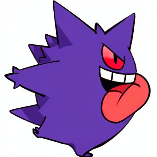 gengar,anime,((side view)),pointed ears,red eyes,spiky hair,(fat body),three fingers,three toes,purple body,no humans,((red sclera)),tail,((tongue)),pokemon (creature),solo,(((tongue out))),full body,smile,teeth,((simple background)),colored sclera,((white background)),(open mouth),grin,black eyes,arms up,((standing on one leg)),dancing,purple foot,purplr toes,<lora:pokemon_gengar:0.9>,