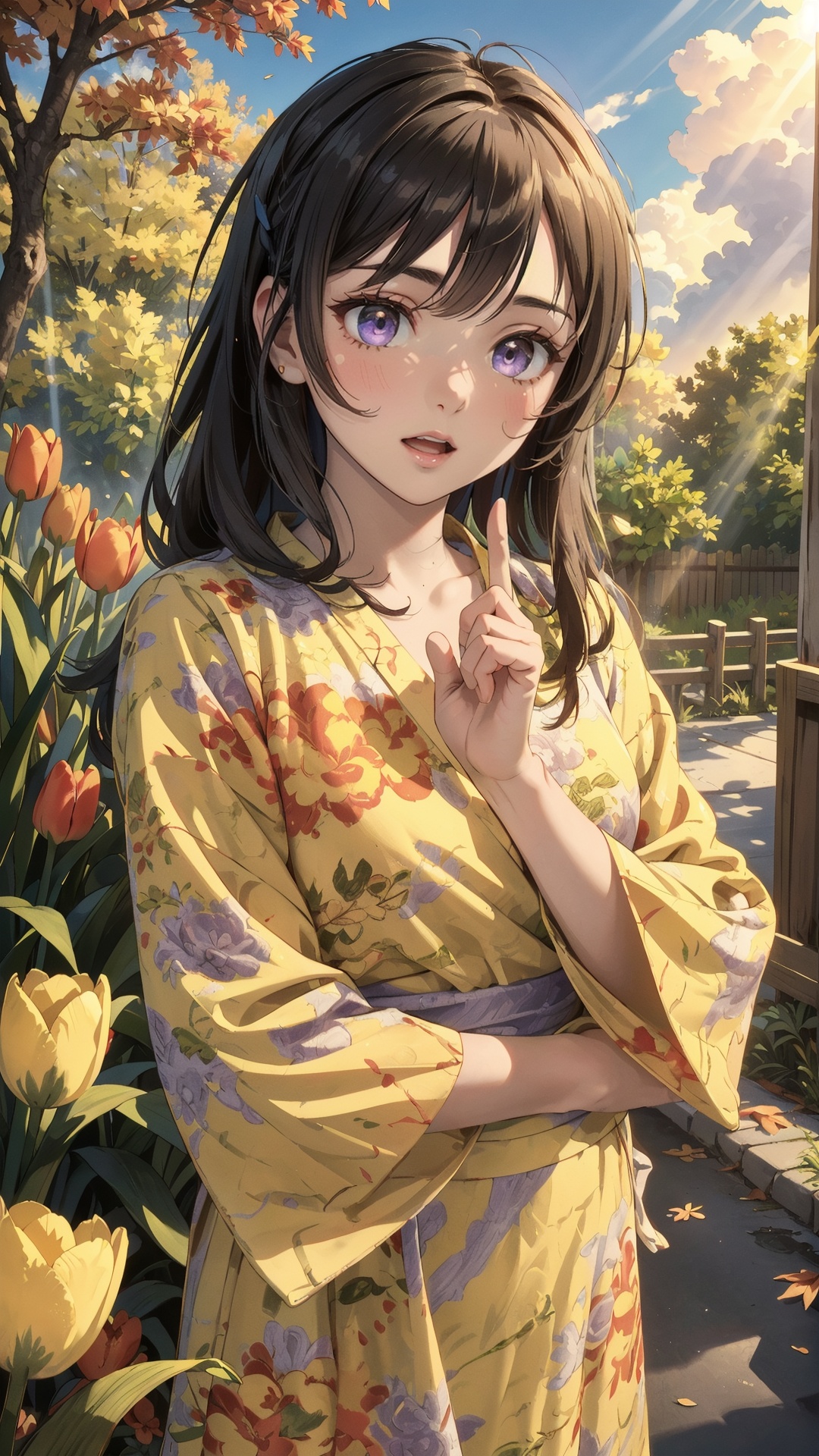 tutututu,dress,yellow flower dress,long sleeves,obi,<lora:yellow_dress_V2-000006:0.65>,finely detail, Depth of field,(((masterpiece))),((extremely detailed CG unity 8k wallpaper)),best quality, high resolution illustration,Amazing,highres,intricate detail,(best illumination, best shadow, an extremely delicate and beautiful),1girl,solo, long_hair, looking_at_viewer, Lilac eyes,Lovely face,open one's mouth,middle finger,show the middle finger,(((Tyndall effect))),dappled sunlight,cloud, flower, autumn_leaves, outdoors, autumn, blue_sky, leaf, sunset, cloudy_sky, burning, owl, maple_leaf,tulips,