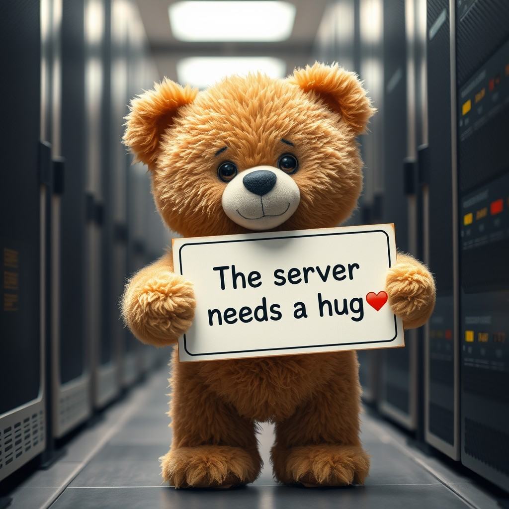 The cutest little teddy bear standing in a server room,  holding a sign with the text: "The server needs a hug ❤️"deep dep...