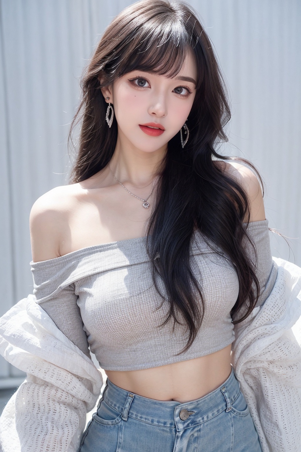 1girl, bangle, bare shoulders, bracelet, breasts, cleavage, collarbone, crop top, ear piercing, earrings, grey eyes, jewelry, long hair, looking at viewer, medium breasts, midriff, necklace, off-shoulder shirt, off shoulder, piercing, shirt, skirt, solo, white hair <lora:女:0.66>