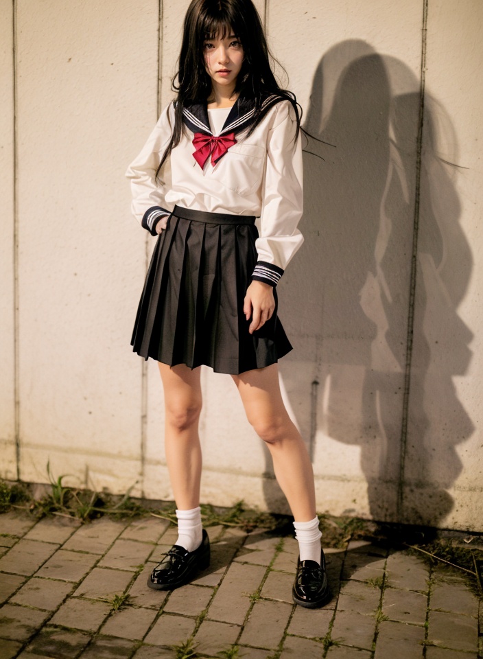 miaotJK,solo,1girl,school uniform,skirt,serafuku,black footwear,socks,shoes,standing,black hair,white socks,long sleeves,pleated skirt,realistic,sailor collar,full body,long hair,black skirt,bow,shirt,shadow,white shirt,loafers,red bow,bowtie,looking at viewer,black sailor collar,closed mouth,legs apart,<lora:miaotJK_20231207180004:0.9>,