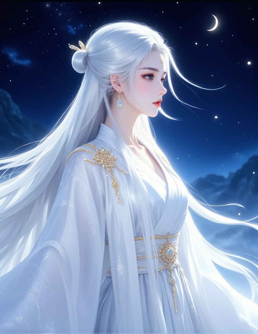 A digital illustration shoot from a profile camera angle about a beautiful young woman with long, flowing white hair, wearing a traditional white dress with intricate gold embroidery, set against a starry night sky. the image also shows a serene atmosphere. on the middle of the image, a 1woman who appears to be in her early twenties, with light skin, long white hair styled in a single hair bun, and blue eyes, looking to the side with a calm expression. she is wearing a white kimono with a deep v-neckline and long sleeves, and has earrings on her ears. her hair is parted in the middle, and she has a hair ornament on her head. her body is slim, and her expression is calm. her clothing is a white robe with intricate designs, and the background is a night sky with stars and a crescent moon.1girl, solo, long hair, hair ornament, white hair, night, jewelry, sky, upper body, dress, chinese clothes, earrings, blue eyes, sash, hair bun, forehead mark, star \(sky\), hanfu<lora:动漫美女1 (1):1>,